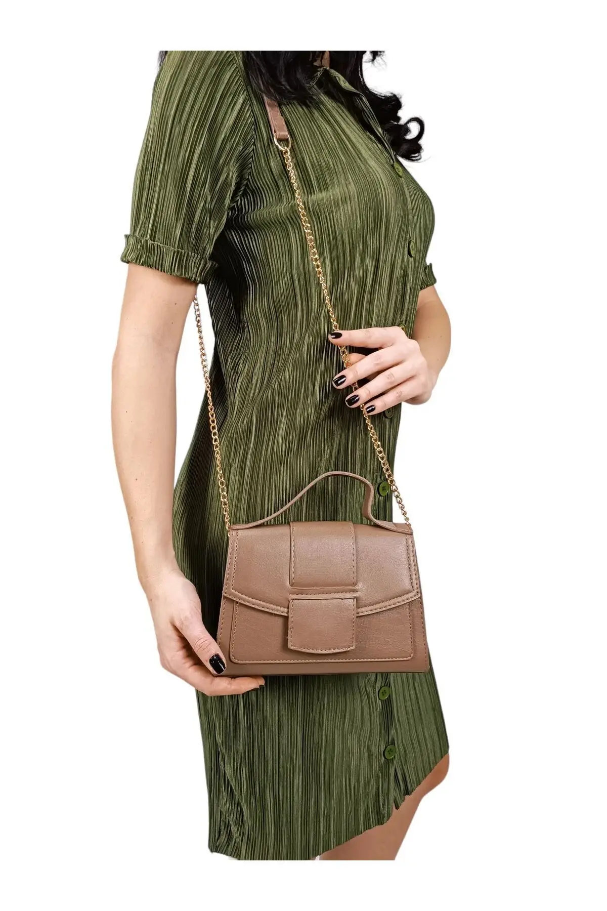 Mita Koyu Vizon Cilt Zincir Askılı Mini Boy Kadın El Ve Omuz Çantası