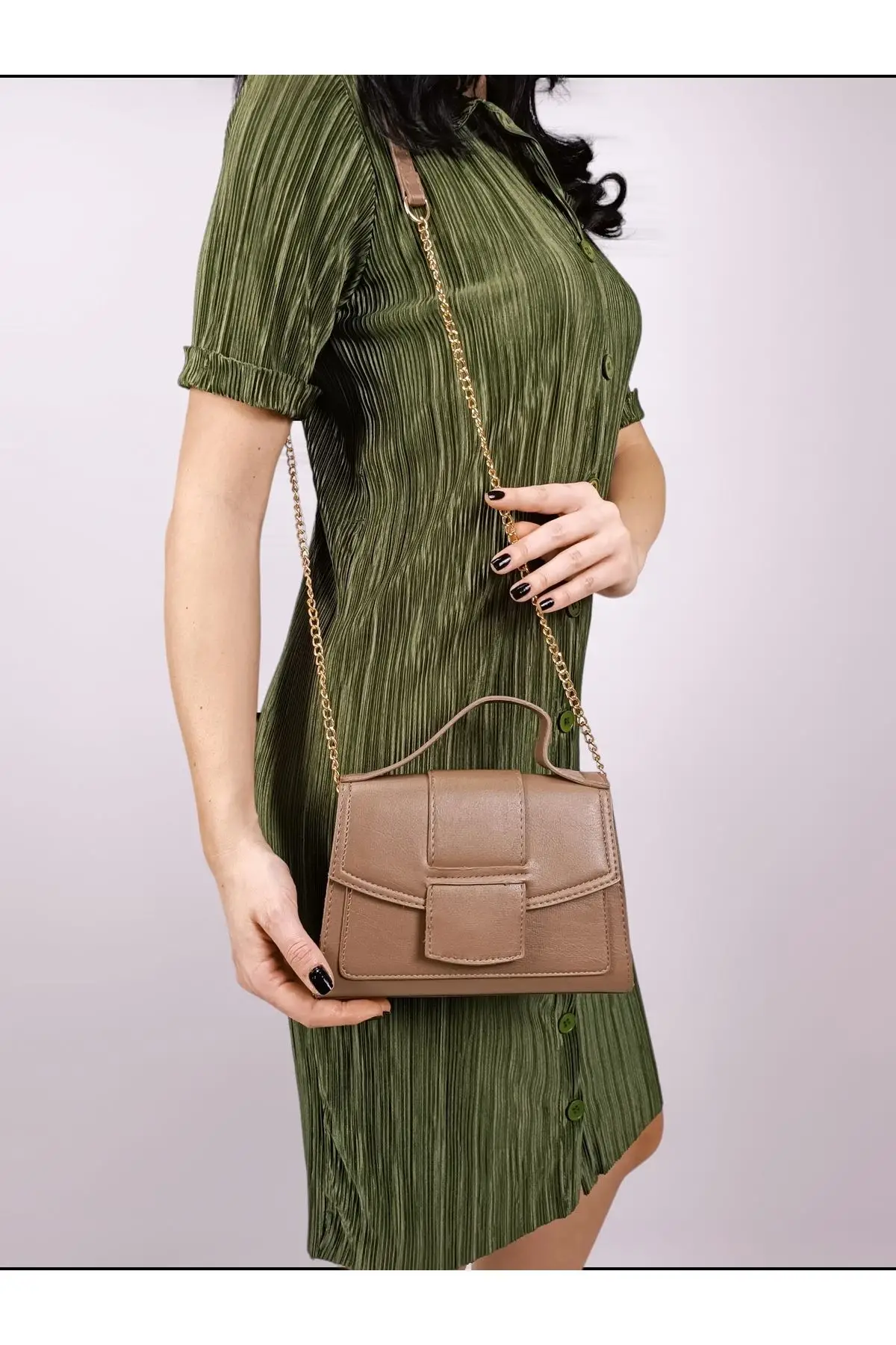 Mita Koyu Vizon Cilt Zincir Askılı Mini Boy Kadın El Ve Omuz Çantası