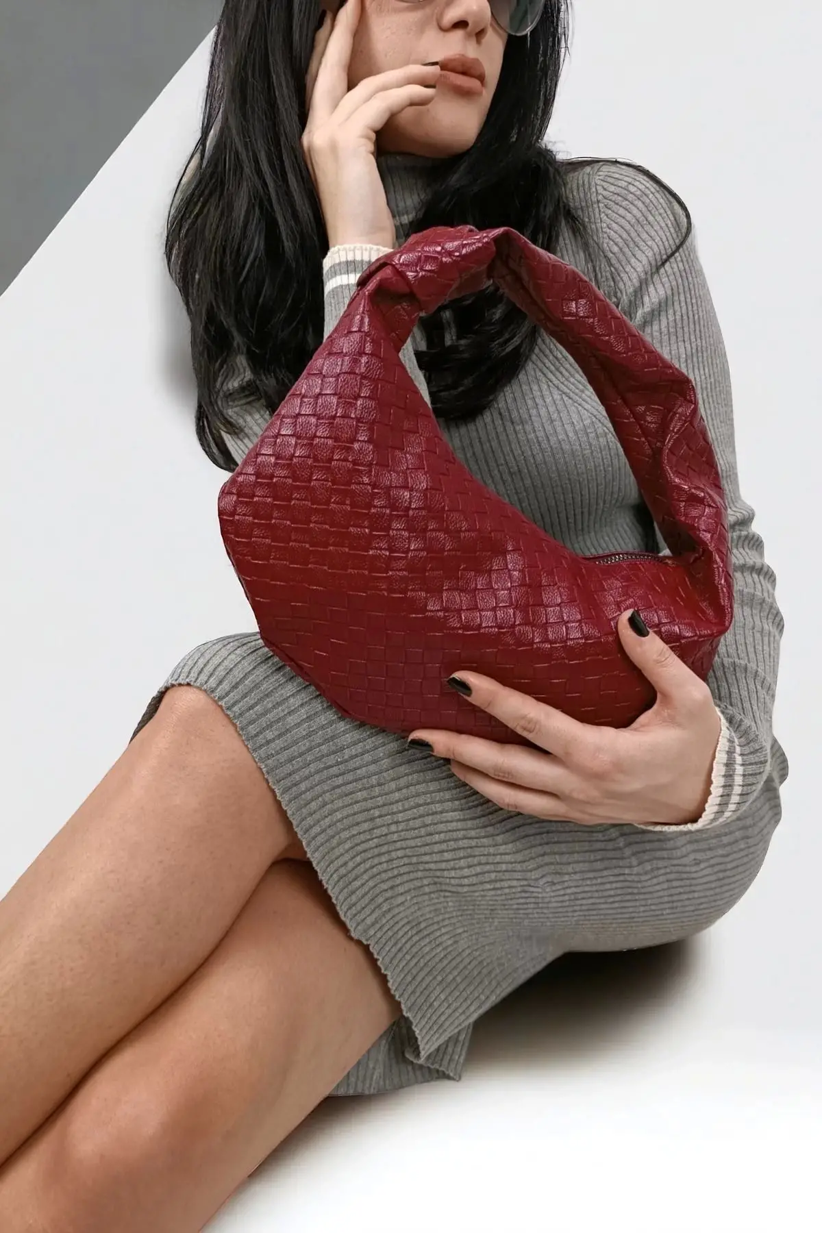 Hilary Claret Red Patterned Womens Handbag with Knot Detail