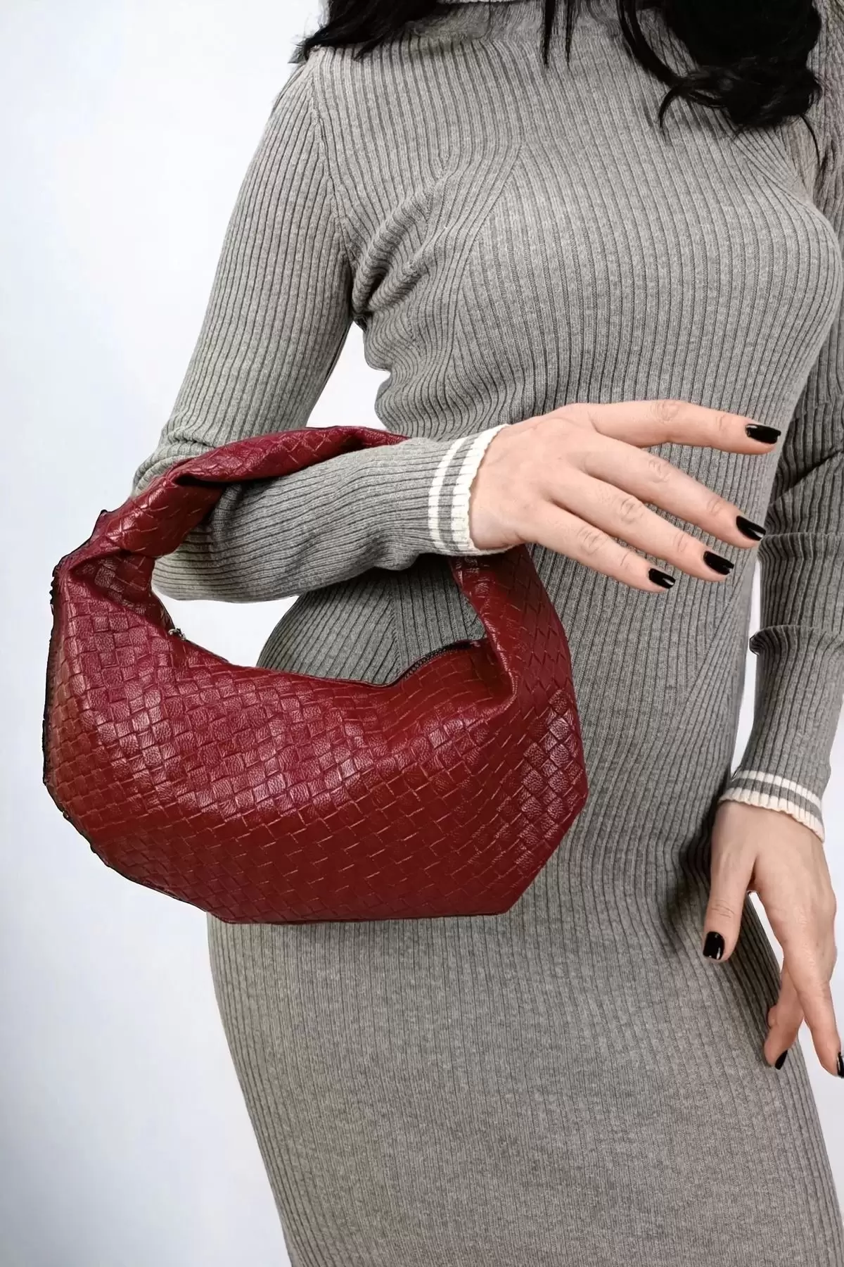 Hilary Claret Red Patterned Womens Handbag with Knot Detail
