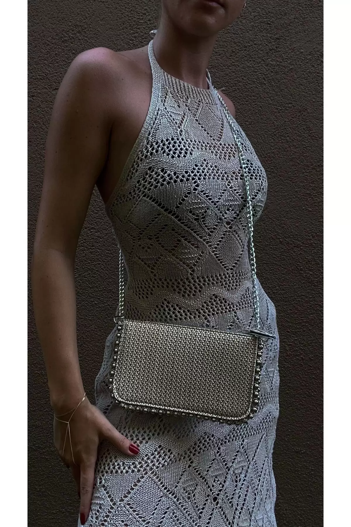Dally Wicker Pattern Beige Skin Beaded Chain Strap Womens Wallet Bag