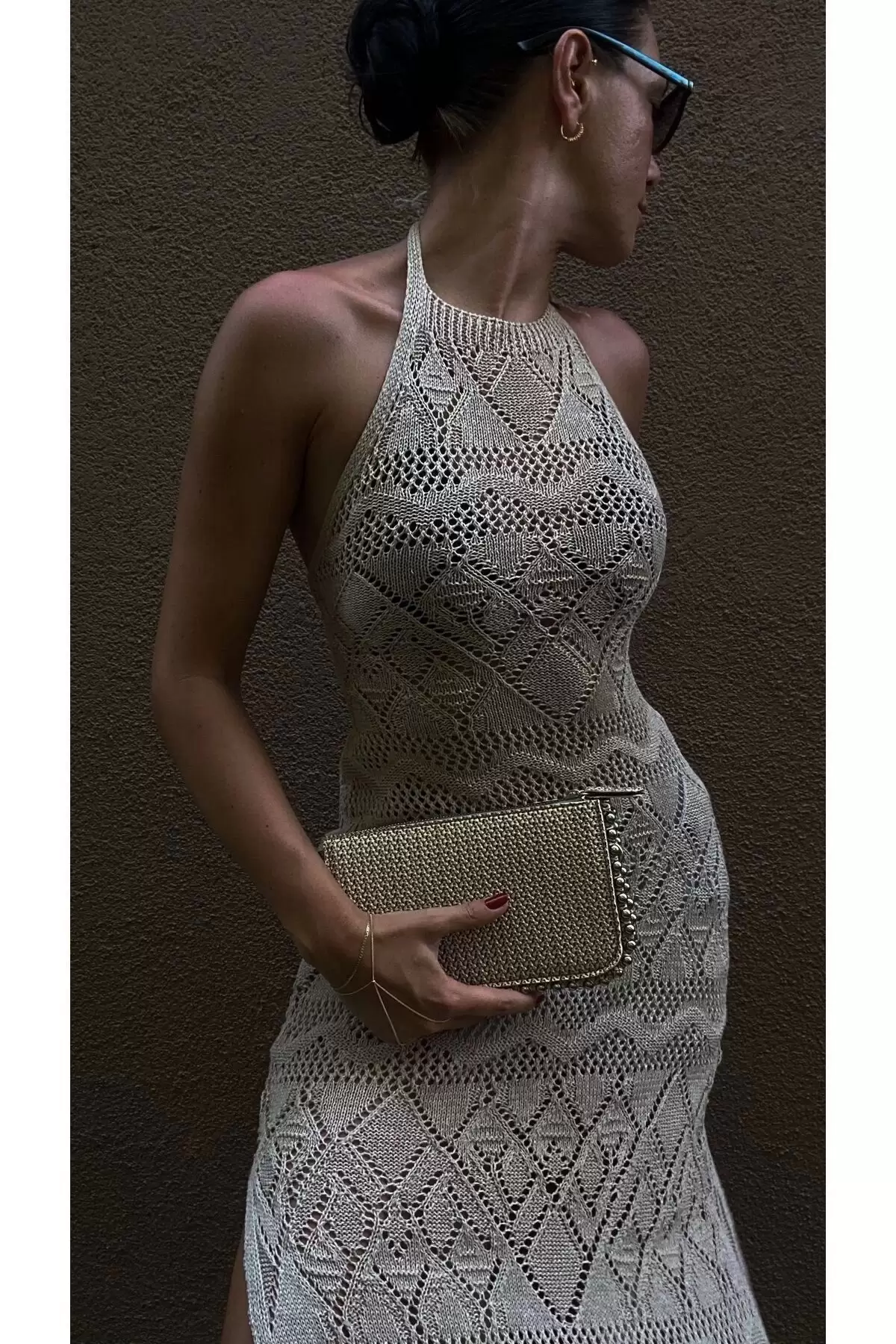 Dally Wicker Pattern Beige Skin Beaded Chain Strap Womens Wallet Bag