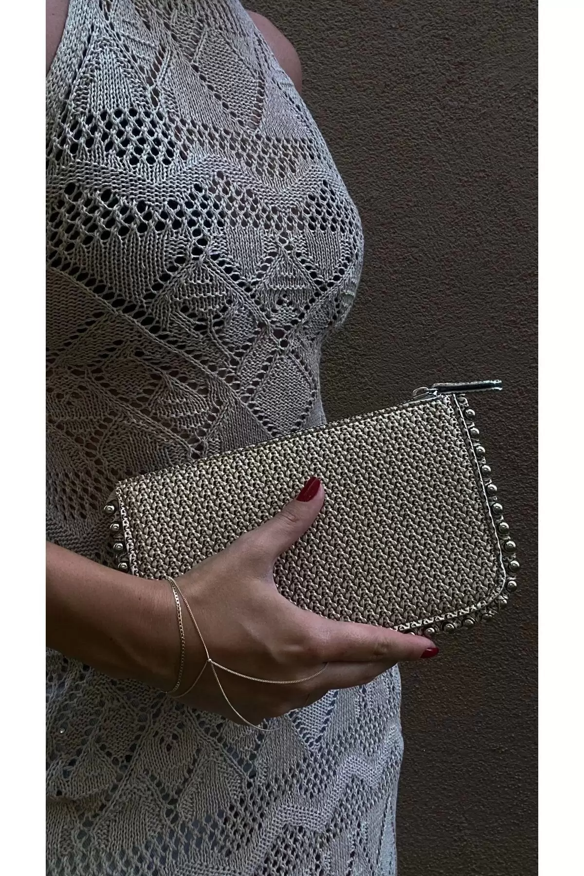 Dally Wicker Pattern Beige Skin Beaded Chain Strap Womens Wallet Bag