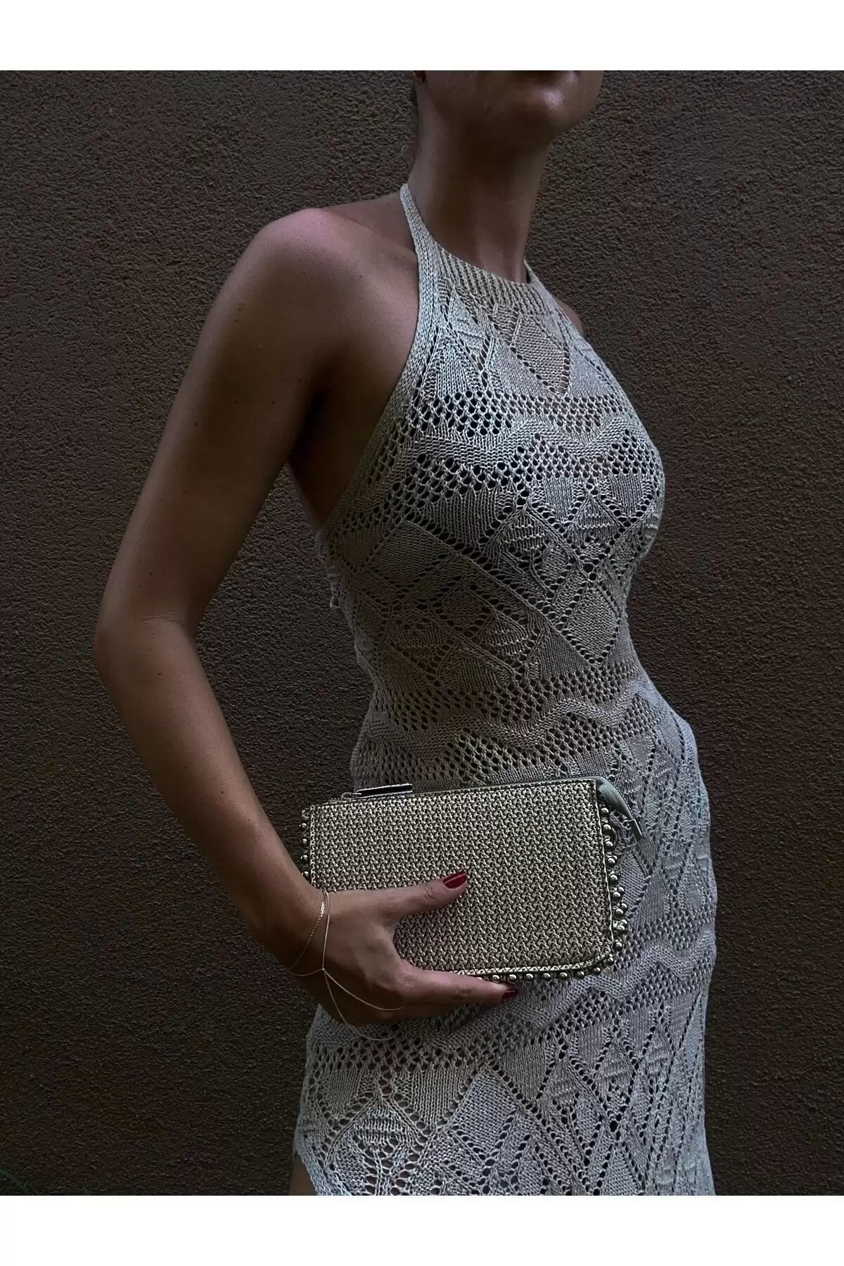 Dally Wicker Pattern Beige Skin Beaded Chain Strap Womens Wallet Bag