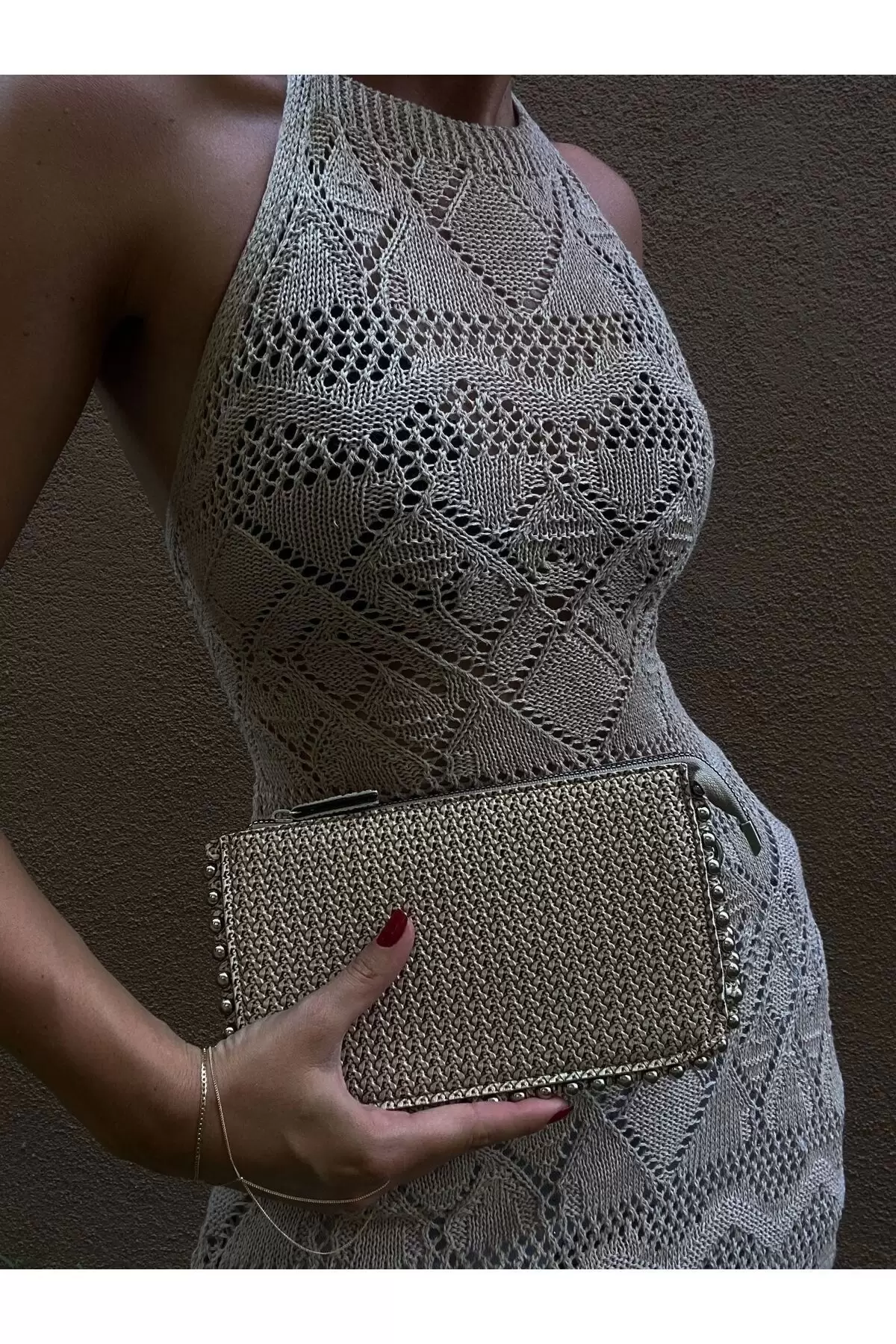 Dally Wicker Pattern Beige Skin Beaded Chain Strap Womens Wallet Bag