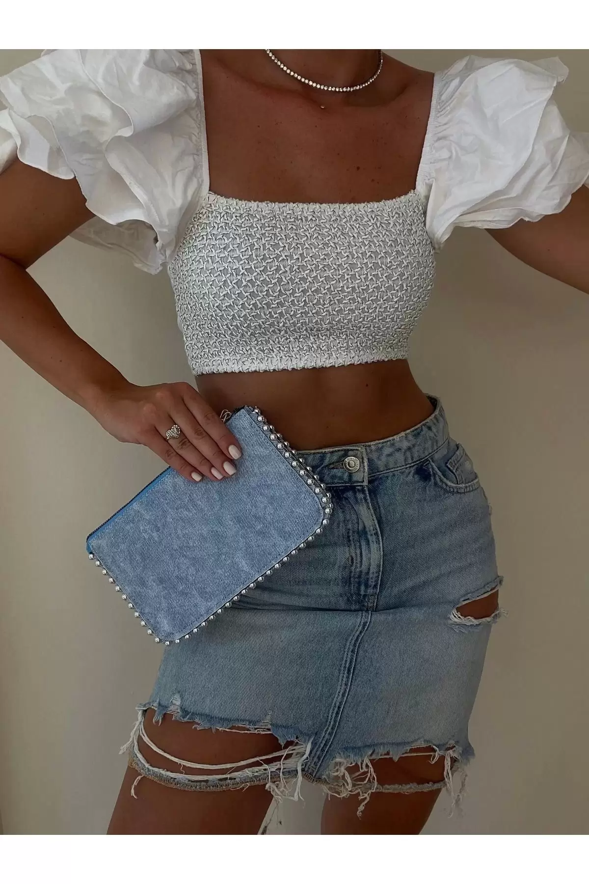 Dally Denim Skin Beaded Chain Strap Womens Wallet Bag