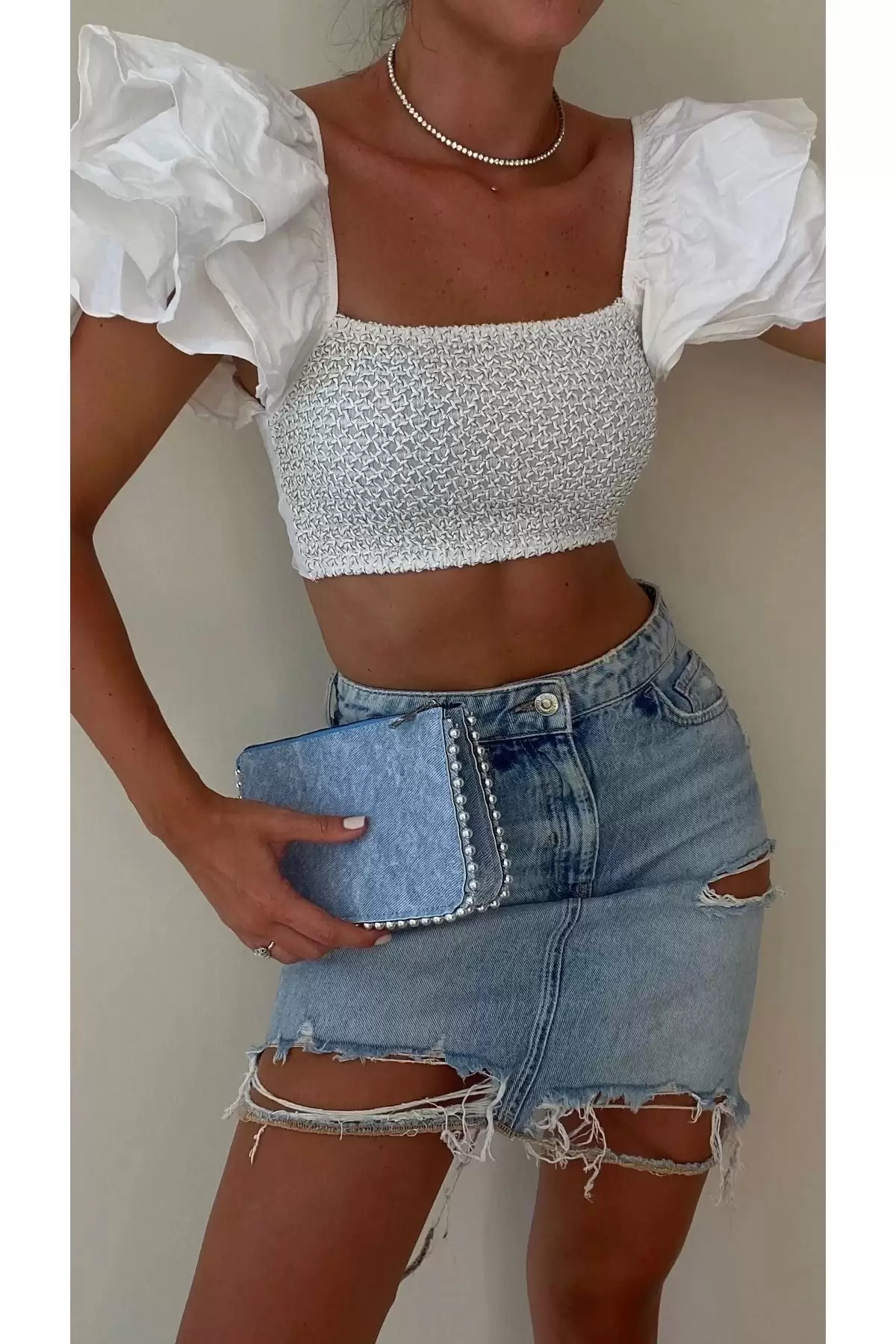 Dally Denim Skin Beaded Chain Strap Womens Wallet Bag