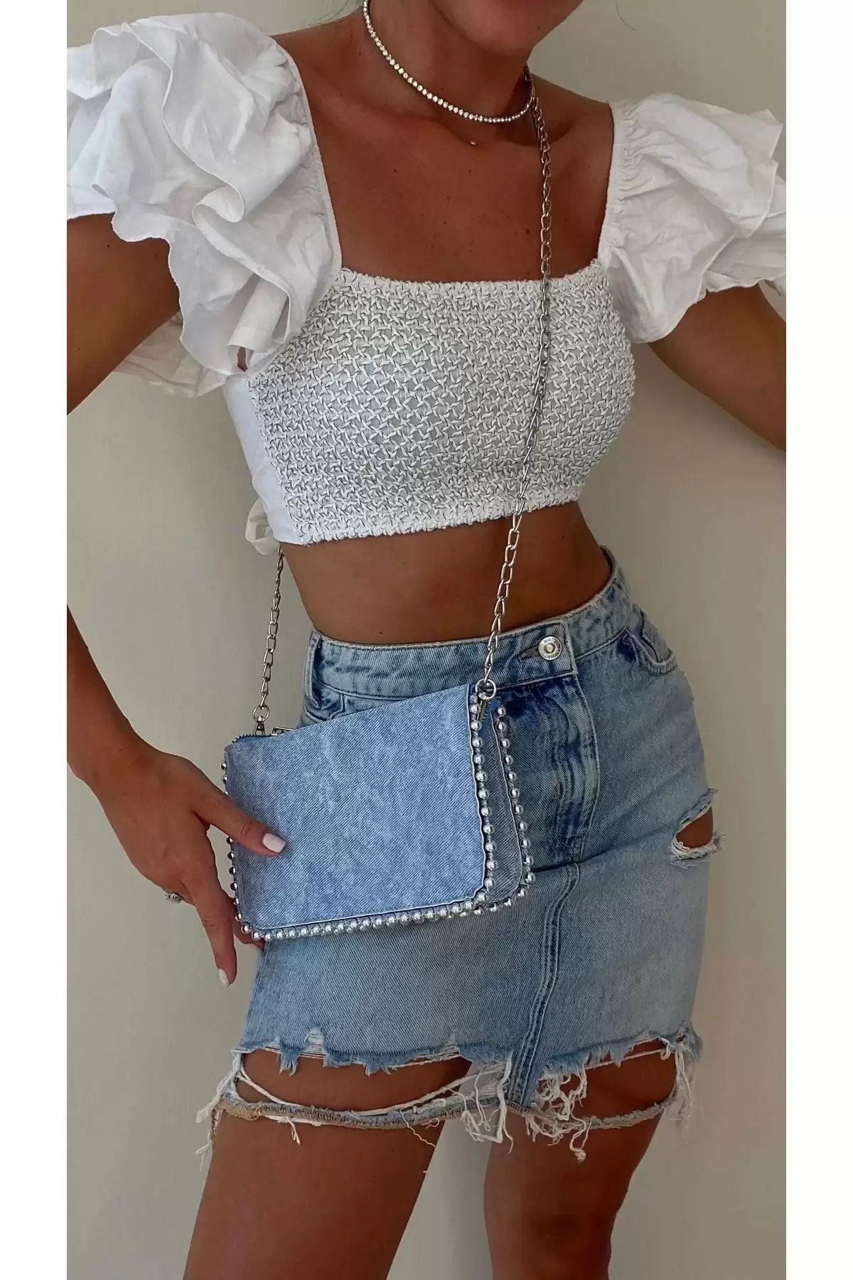 Dally Denim Skin Beaded Chain Strap Womens Wallet Bag