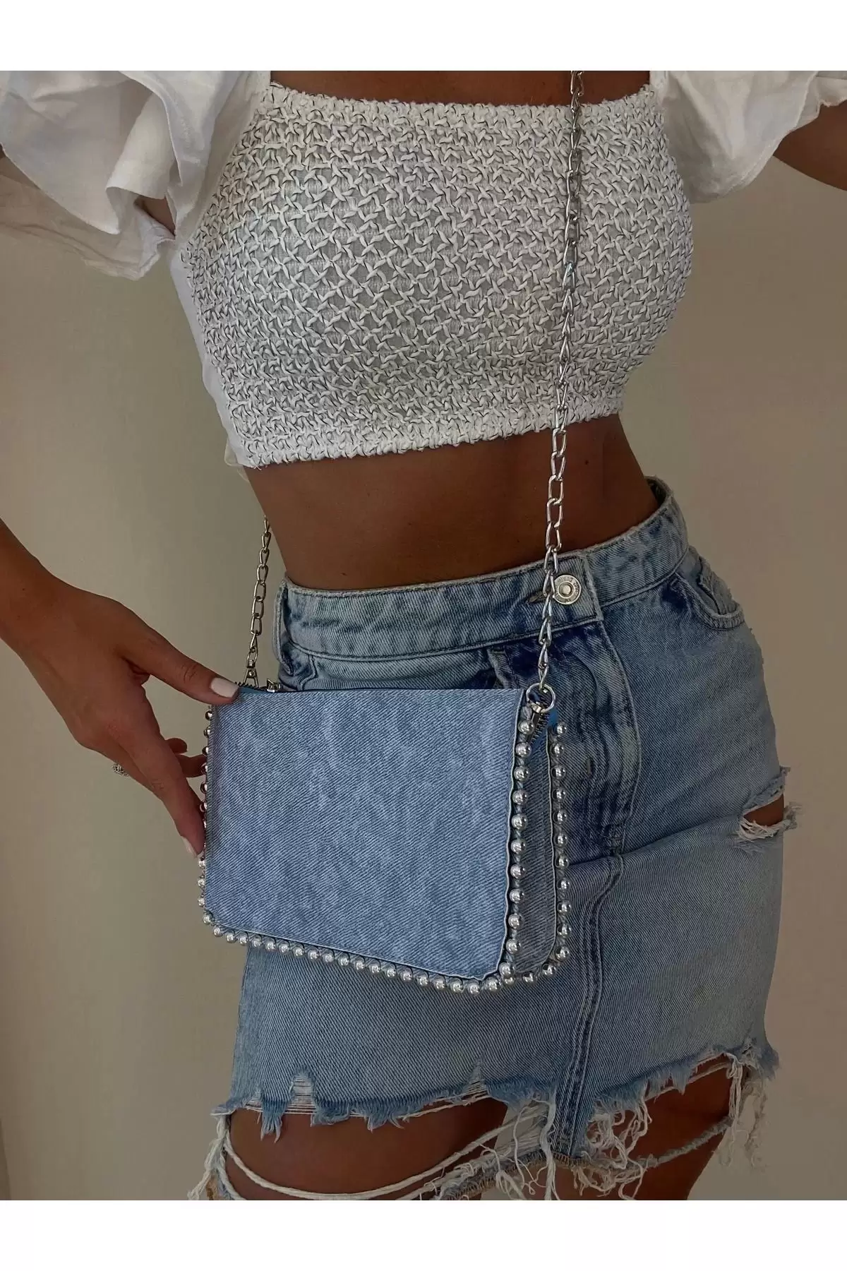 Dally Denim Skin Beaded Chain Strap Womens Wallet Bag