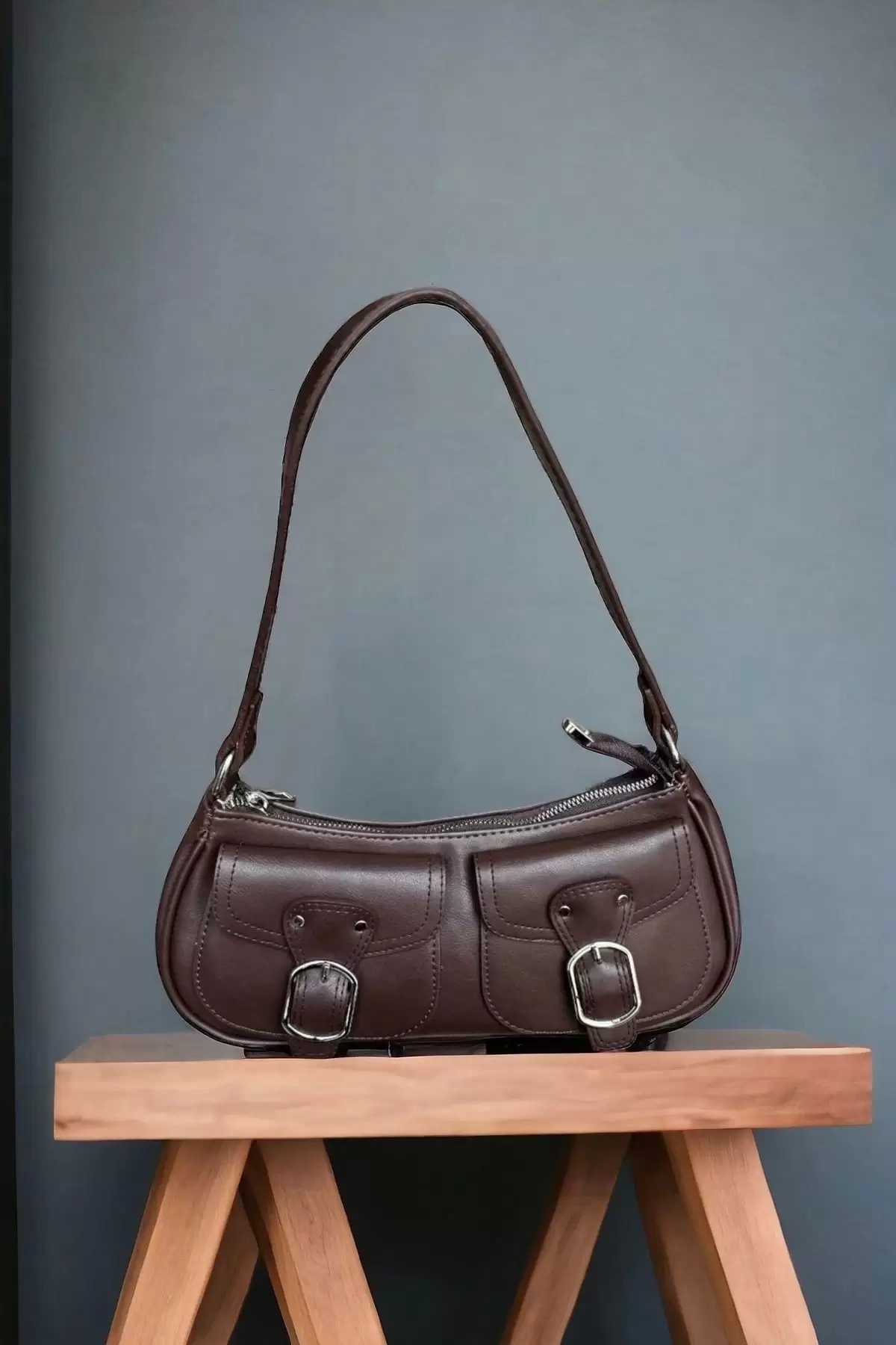 Bridget Bitter Brown Baguette Womens Shoulder Bag with Front Belt Pocket