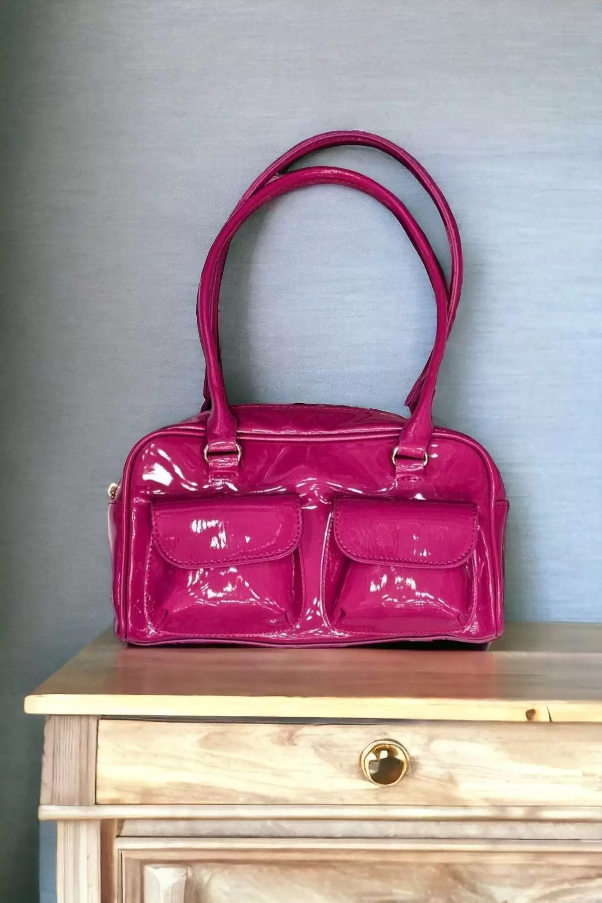 Sofia Fuchsia Patent Leather Womens Shoulder Bag with Zipper Closure and Front Pocket