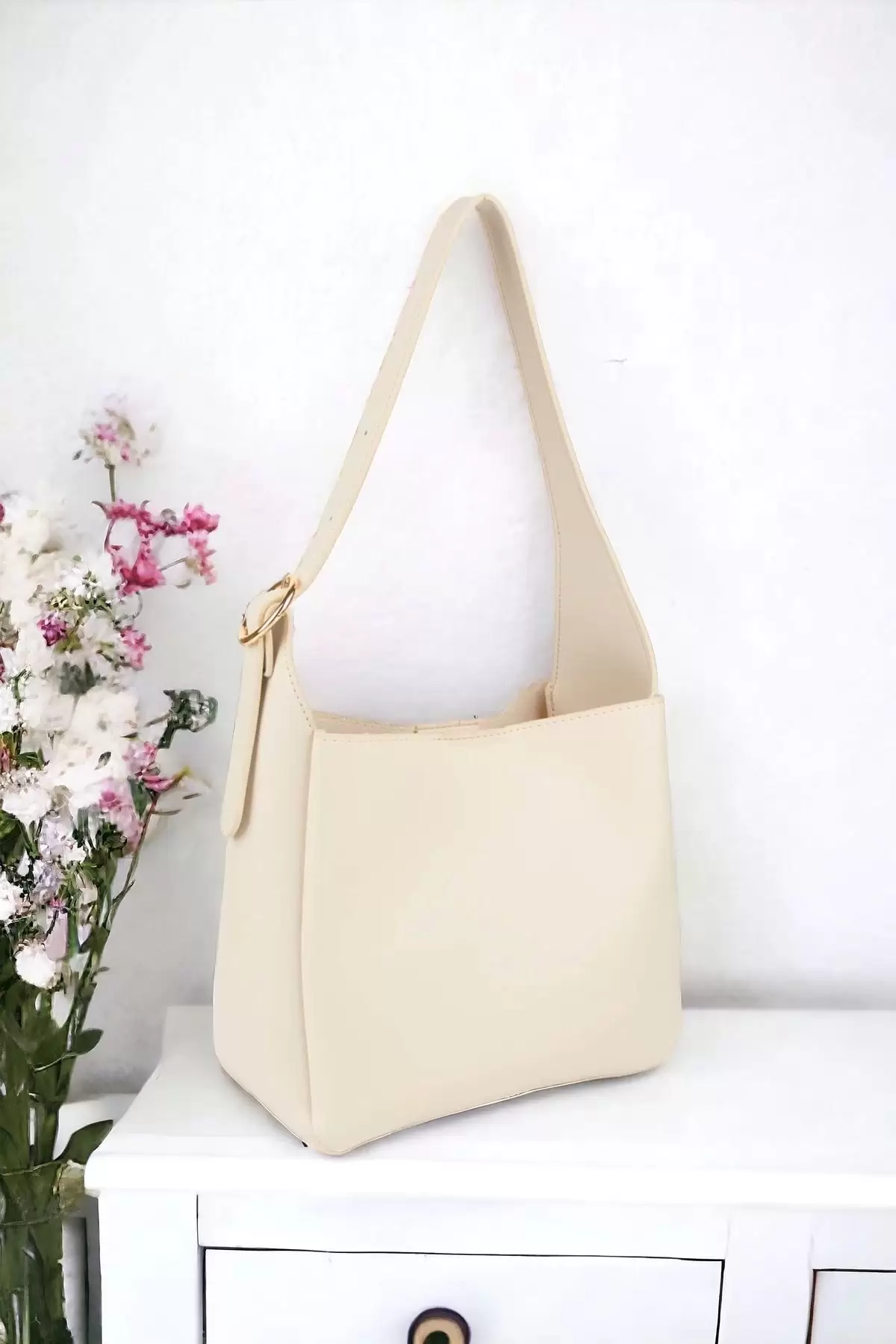 Marlene Cream Soft Leather Midi Size Puppy Womens Shoulder Bag with Buckle Accessories