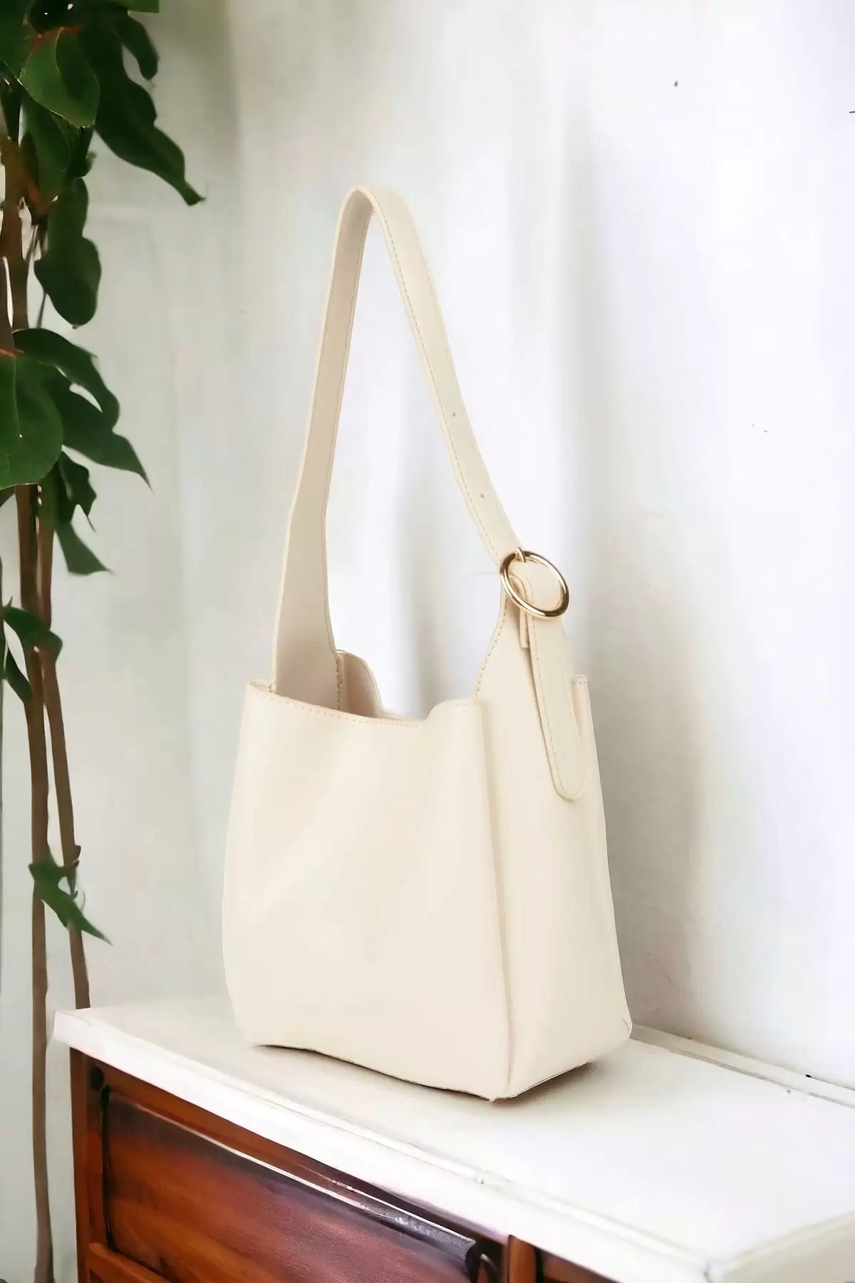 Marlene Cream Soft Leather Midi Size Puppy Womens Shoulder Bag with Buckle Accessories