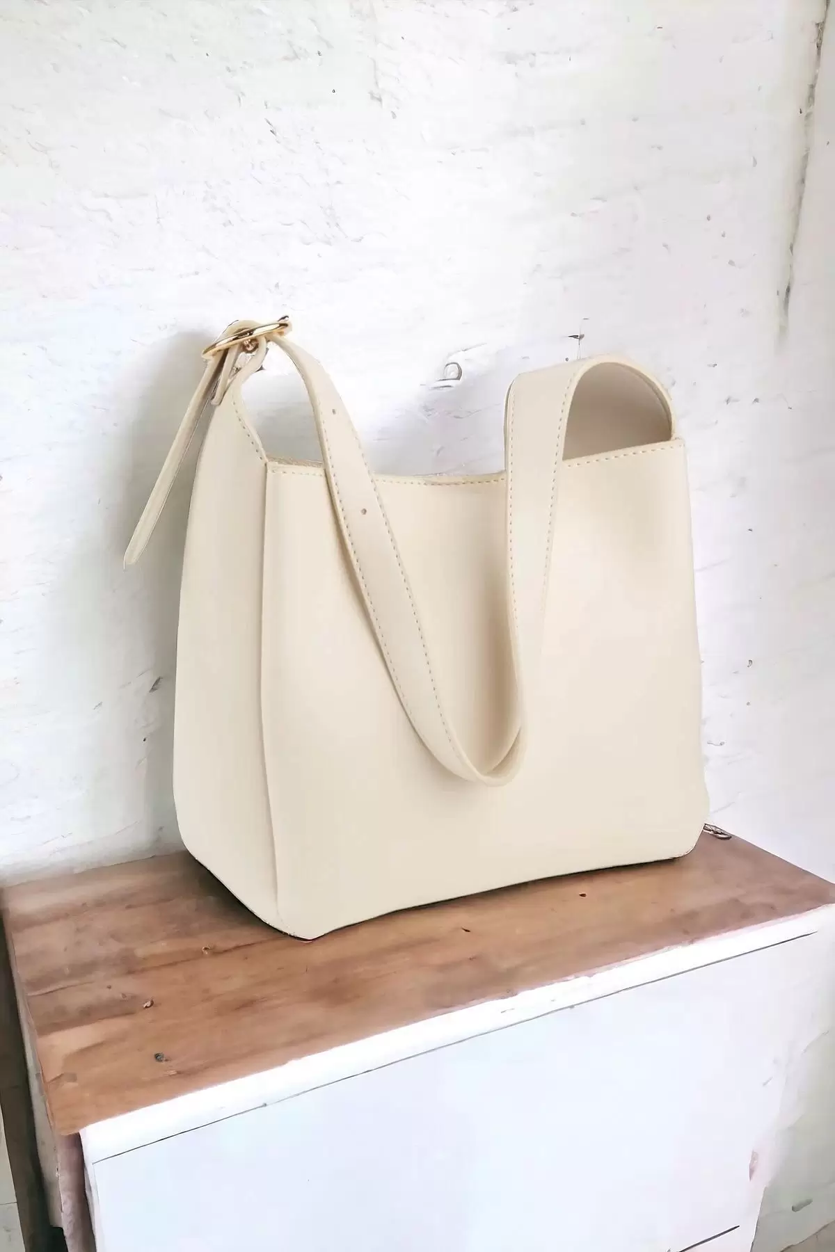 Marlene Cream Soft Leather Midi Size Puppy Womens Shoulder Bag with Buckle Accessories