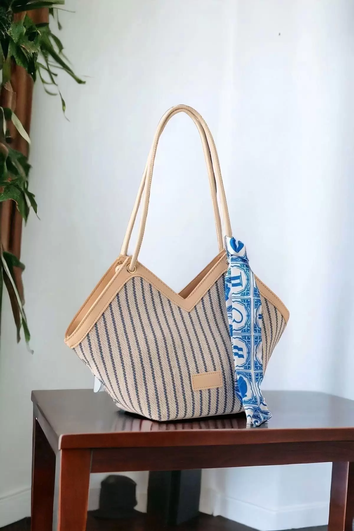 Joyce Blue Striped Scarf Detailed Asymmetrical Womens Shoulder Bag