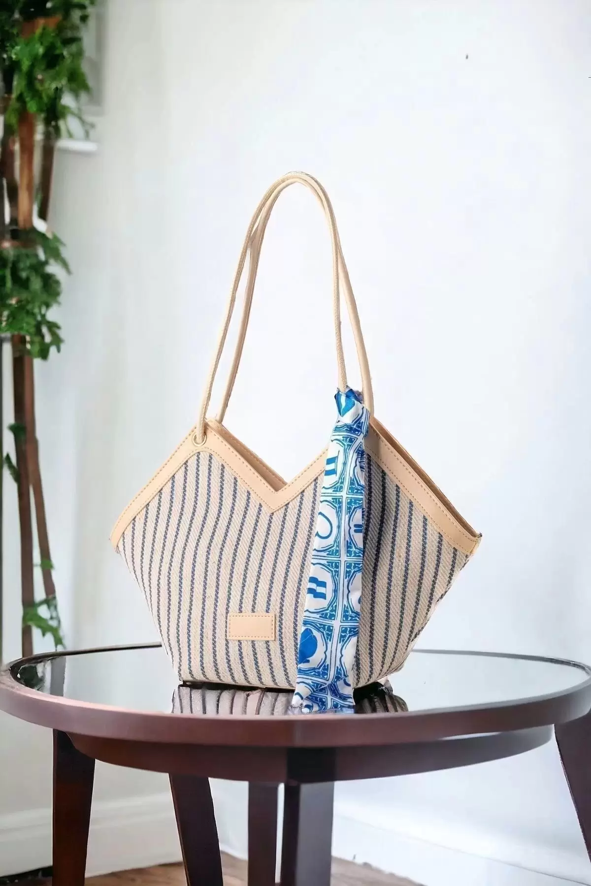 Joyce Blue Striped Scarf Detailed Asymmetrical Womens Shoulder Bag