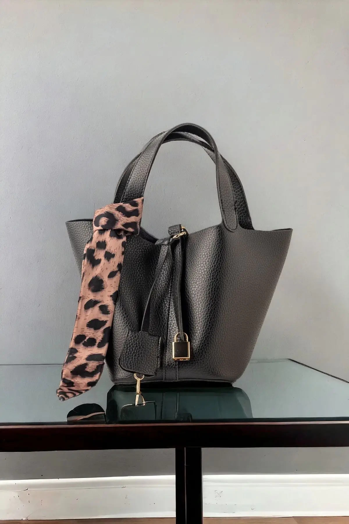 Zoey Black Womens Hand and Shoulder Bag with Scarf Detail and Mini Lock Accessory