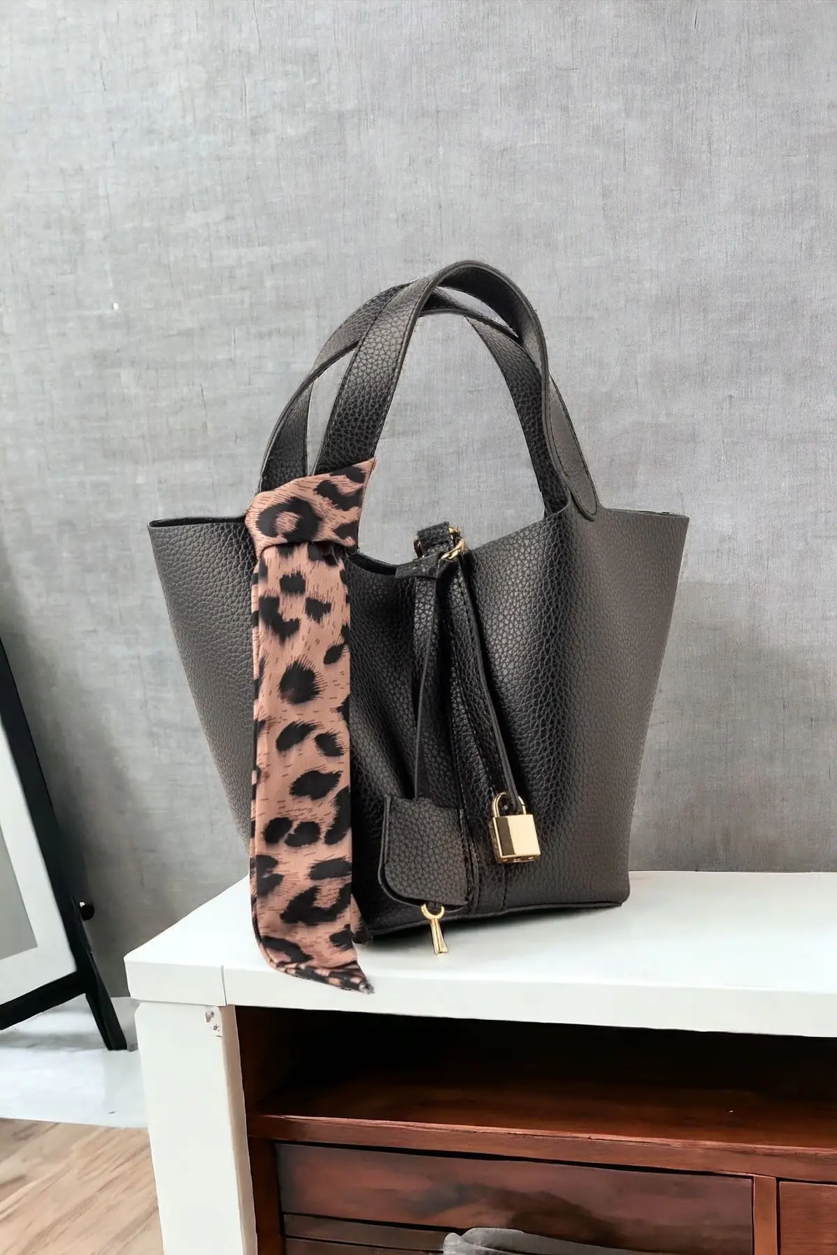 Zoey Black Womens Hand and Shoulder Bag with Scarf Detail and Mini Lock Accessory