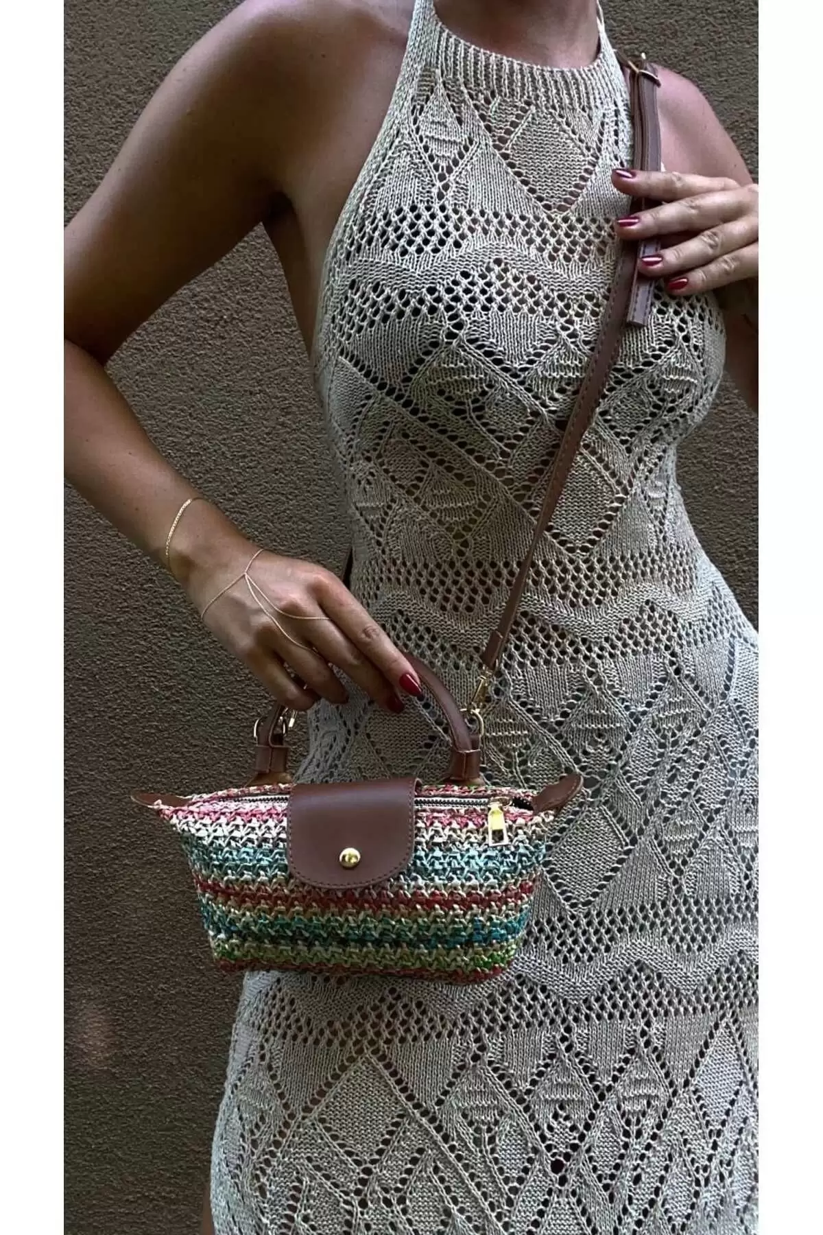 Laurel Brown/Multicolored Straw Hand Woven Womens Mini Bag