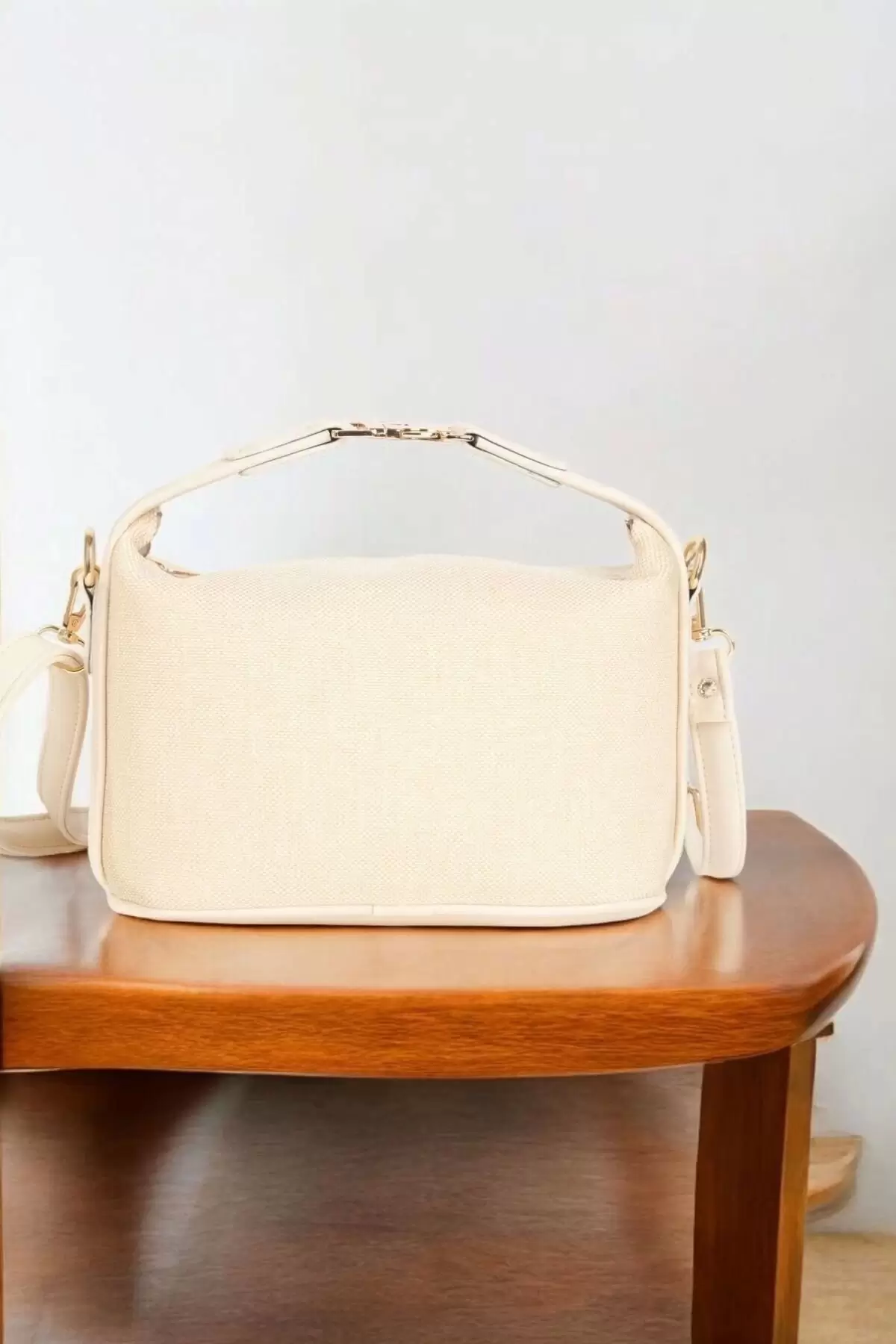 Toile Cream Detailed Canvas Double Strap Womens Handbag and Shoulder Bag
