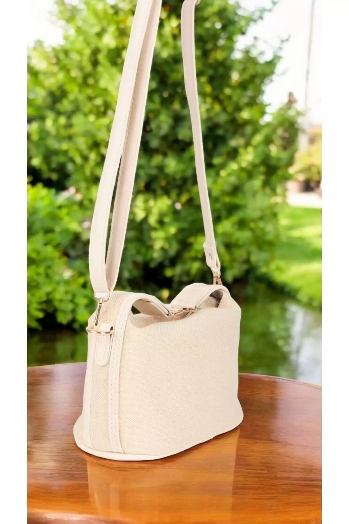 Toile Cream Detailed Canvas Double Strap Womens Handbag and Shoulder Bag