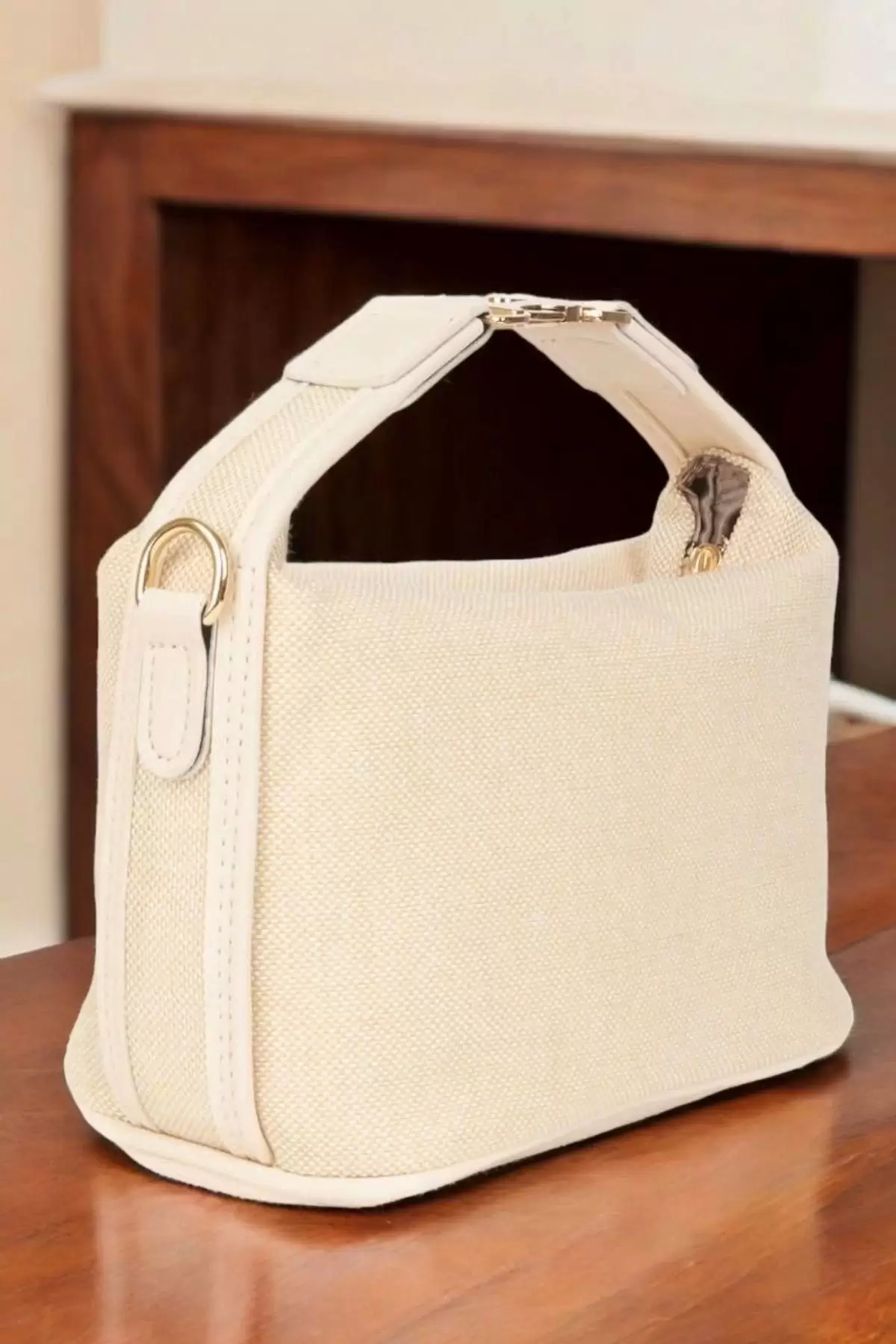 Toile Cream Detailed Canvas Double Strap Womens Handbag and Shoulder Bag