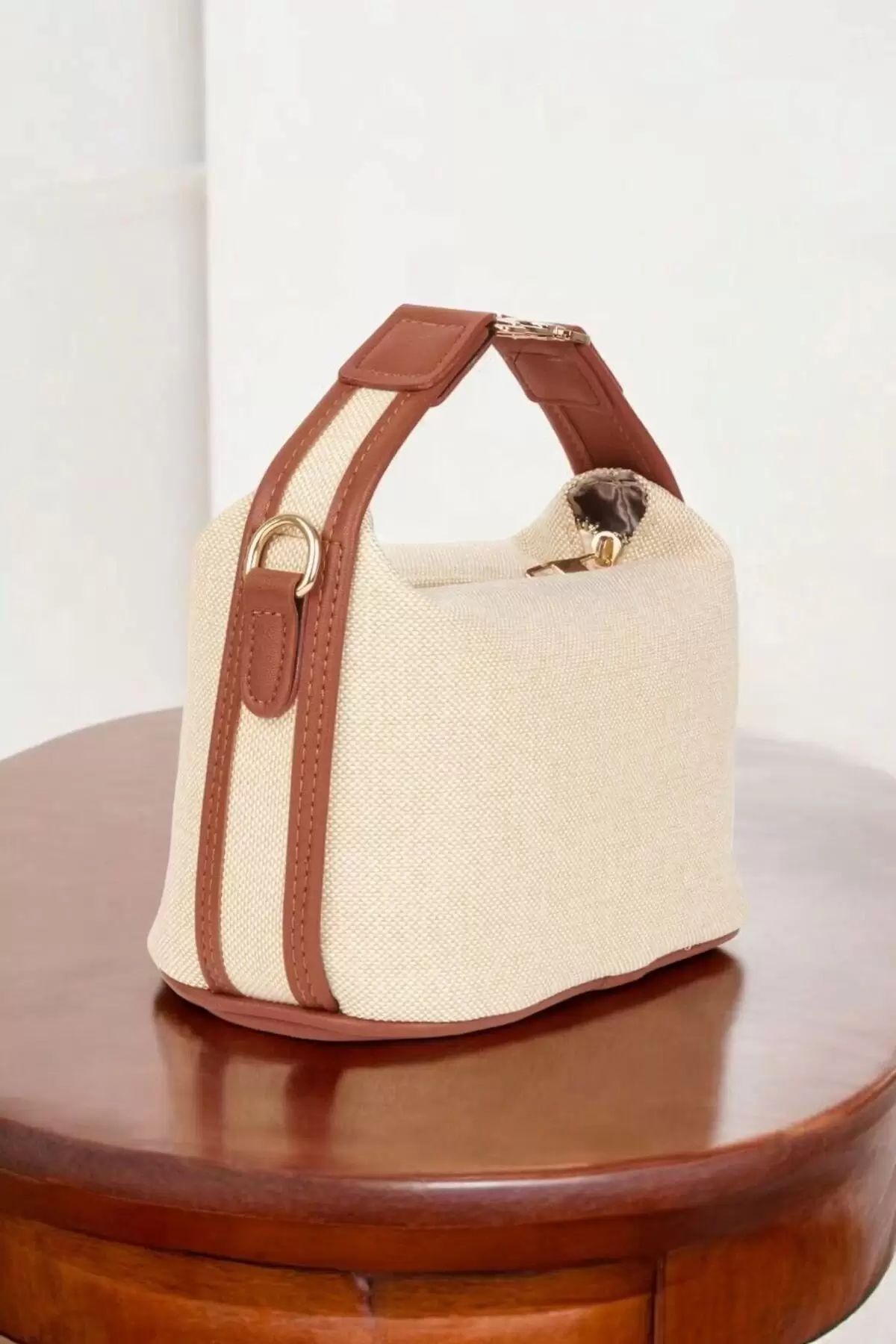 Toile Brown Detailed Canvas Double Strap Womens Handbag and Shoulder Bag