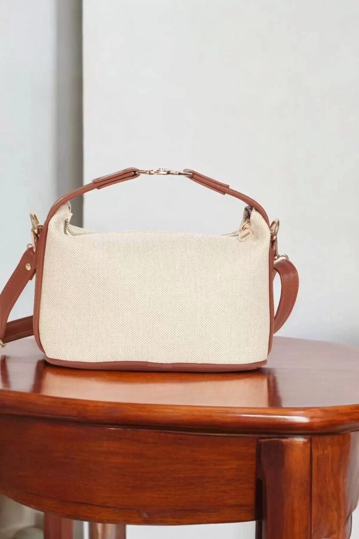 Toile Brown Detailed Canvas Double Strap Womens Handbag and Shoulder Bag