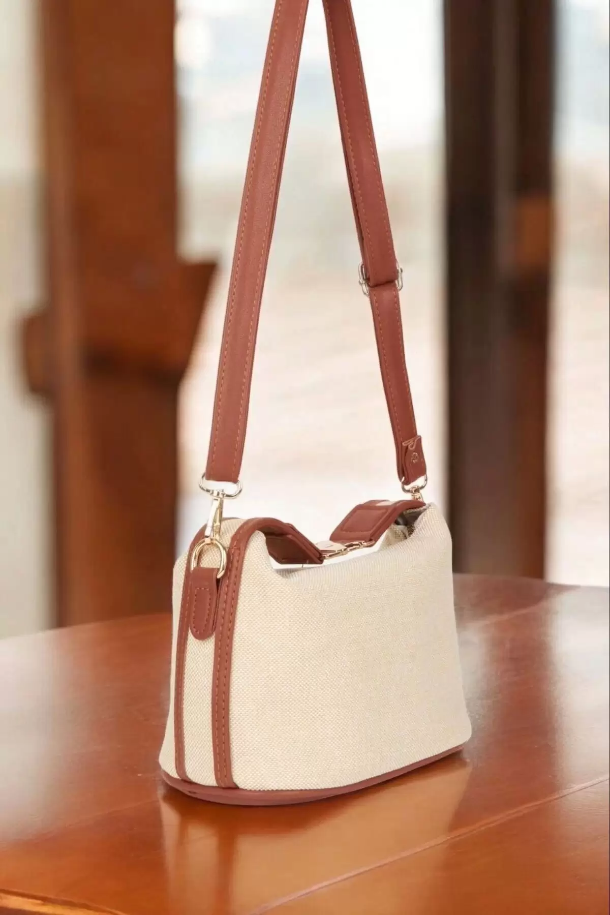 Toile Brown Detailed Canvas Double Strap Womens Handbag and Shoulder Bag