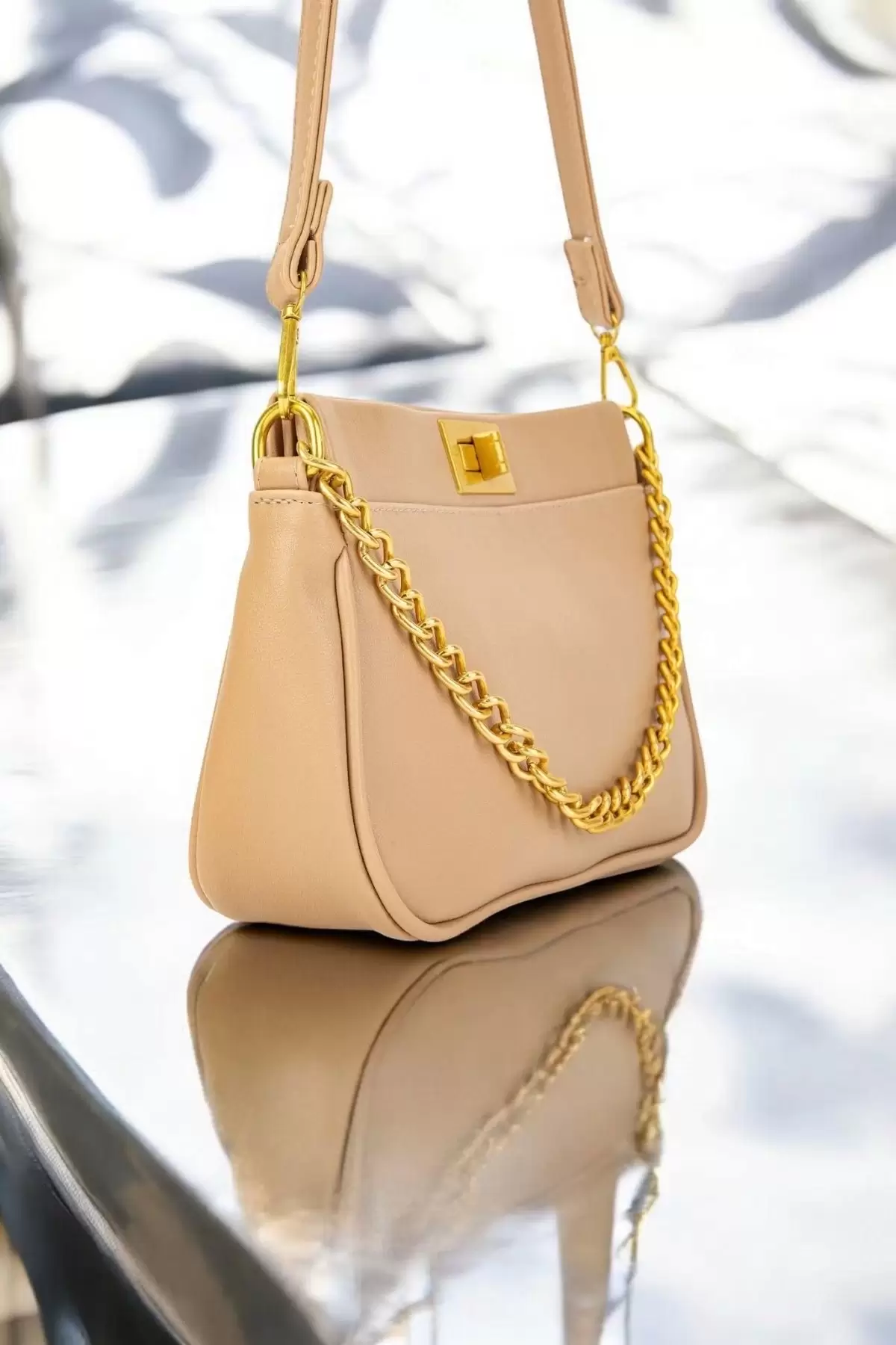 Patricia Mink Womens Handbag and Shoulder Bag with Lock Closure and Chain Detail