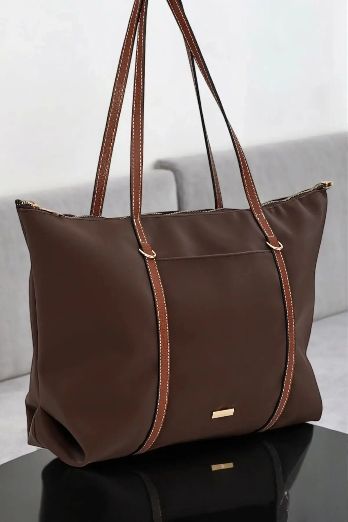 Lacey Kahve-Taba Şeritli Shopper Kadın Omuz Çantası