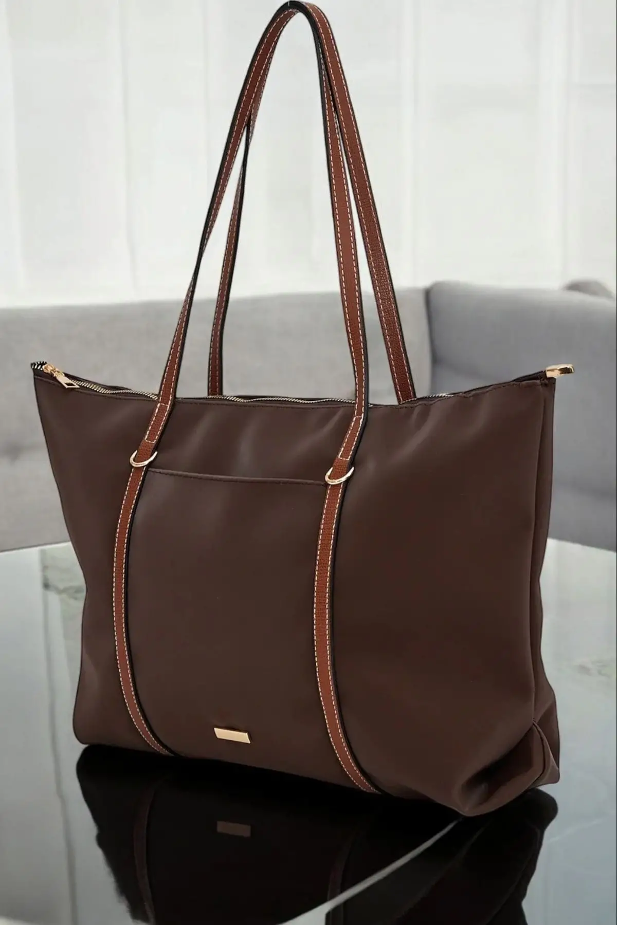 Lacey Kahve-Taba Şeritli Shopper Kadın Omuz Çantası