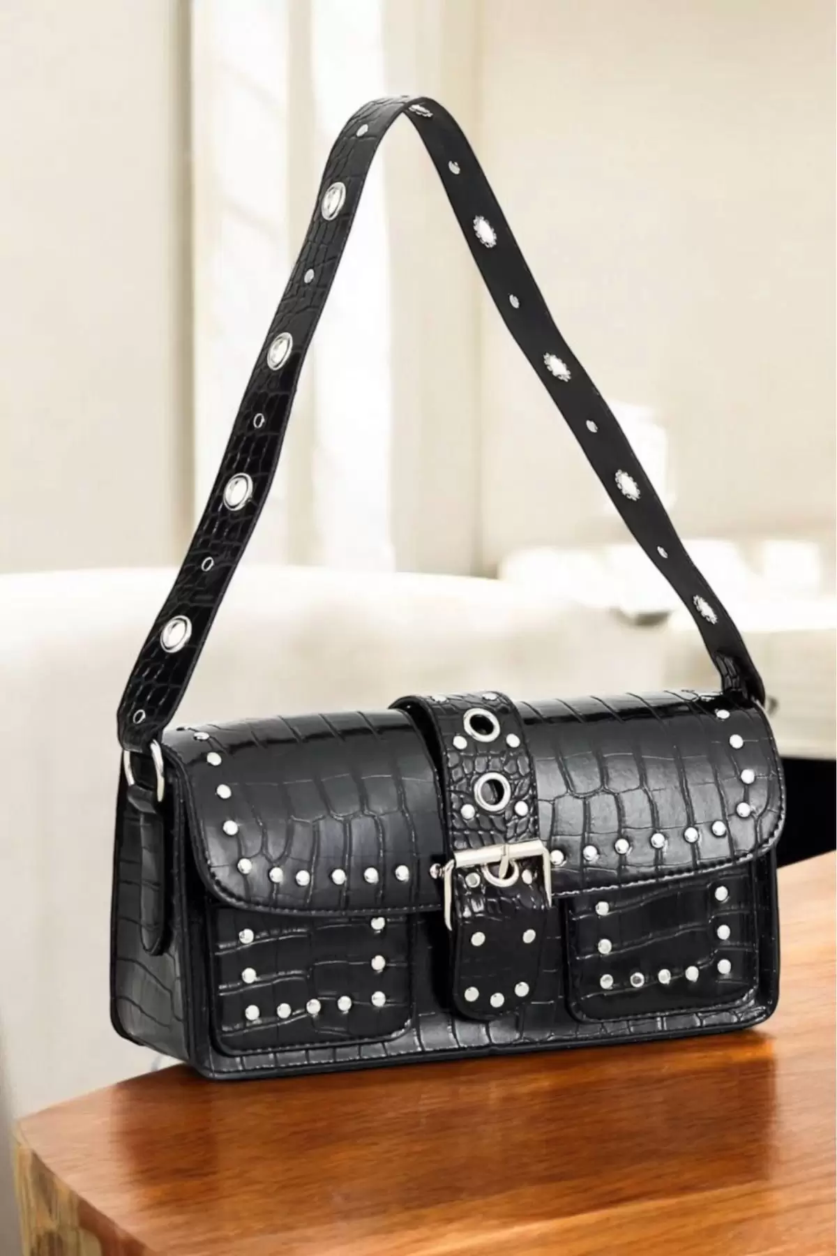 Elenor Black Crocodile Womens Shoulder Bag with Staple Detail
