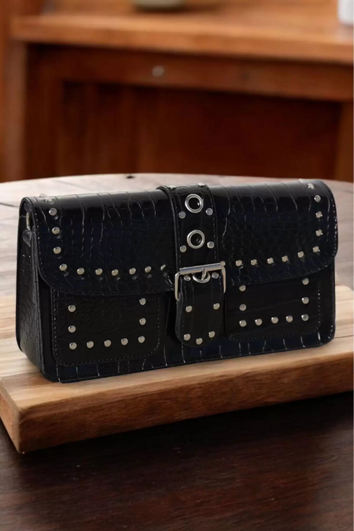 Elenor Black Crocodile Womens Shoulder Bag with Staple Detail