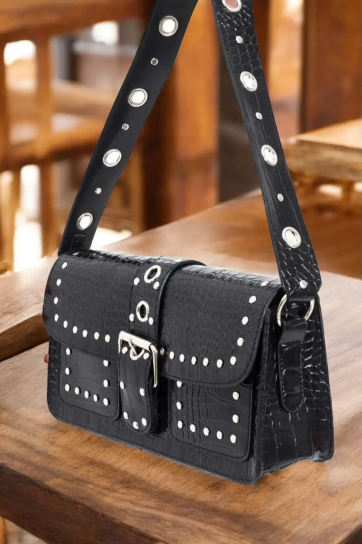 Elenor Black Crocodile Womens Shoulder Bag with Staple Detail