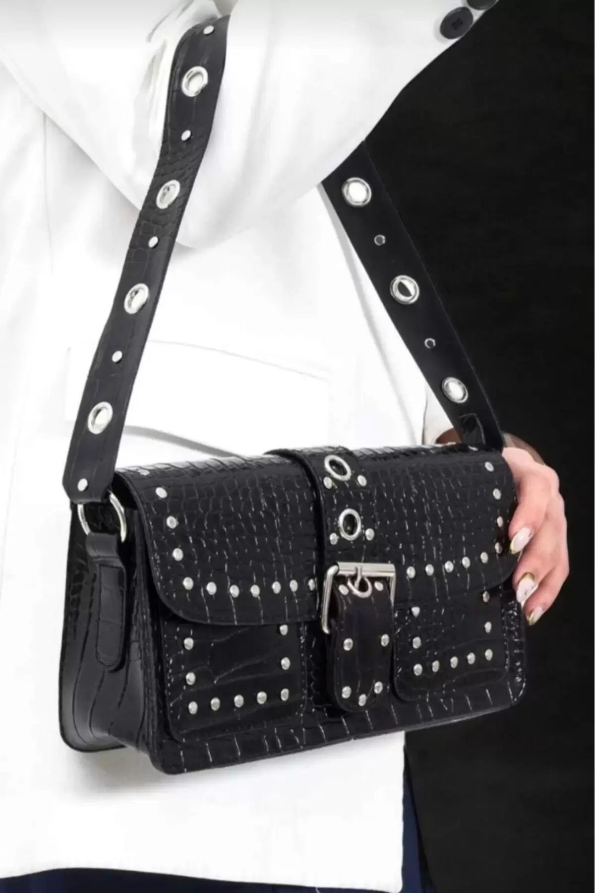 Elenor Black Crocodile Womens Shoulder Bag with Staple Detail
