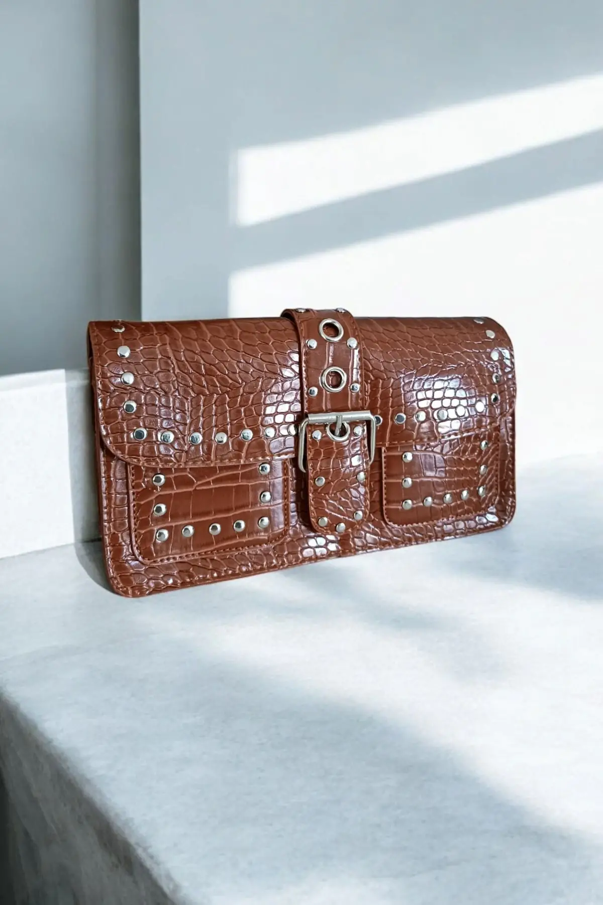 Elenor Brown Crocodile Staple Detailed Womens Shoulder Bag