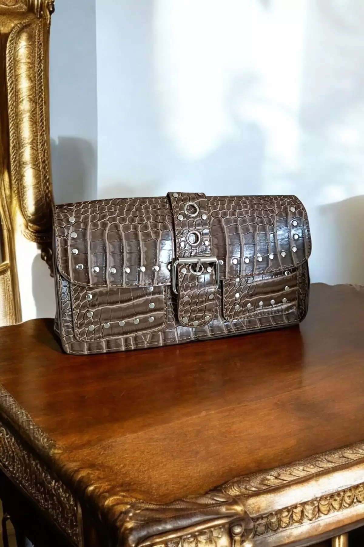Elenor Dark Mink Croco Womens Shoulder Bag with Staple Detail