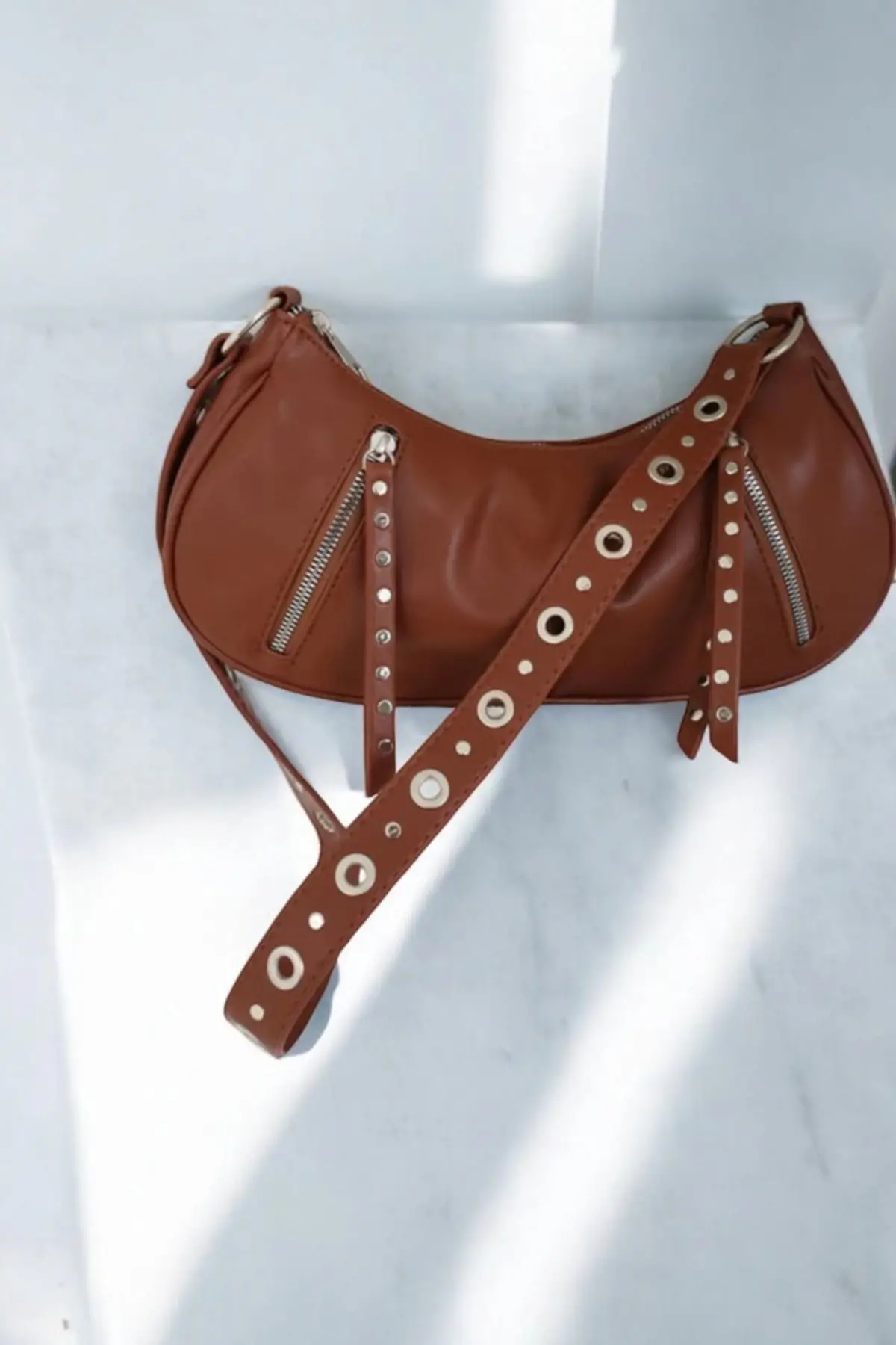 Boho Brown Zipper Detailed Baguette Womens Shoulder Bag