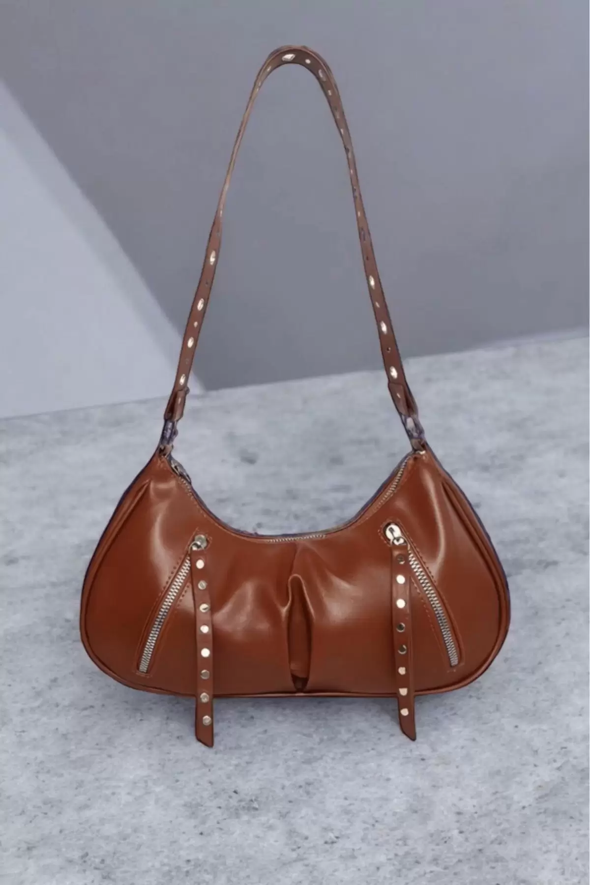 Boho Brown Zipper Detailed Baguette Womens Shoulder Bag