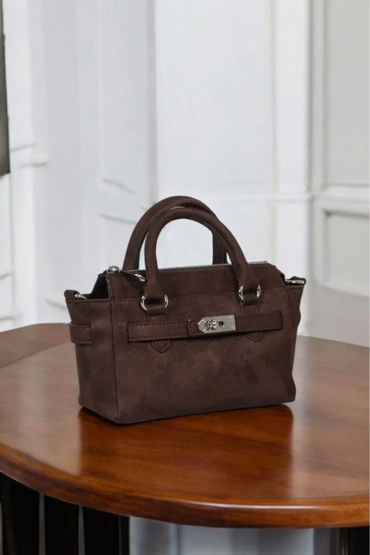 Harmony Bitter Brown Suede Mini Womens Handbag and Shoulder Bag with Front Lock Detail