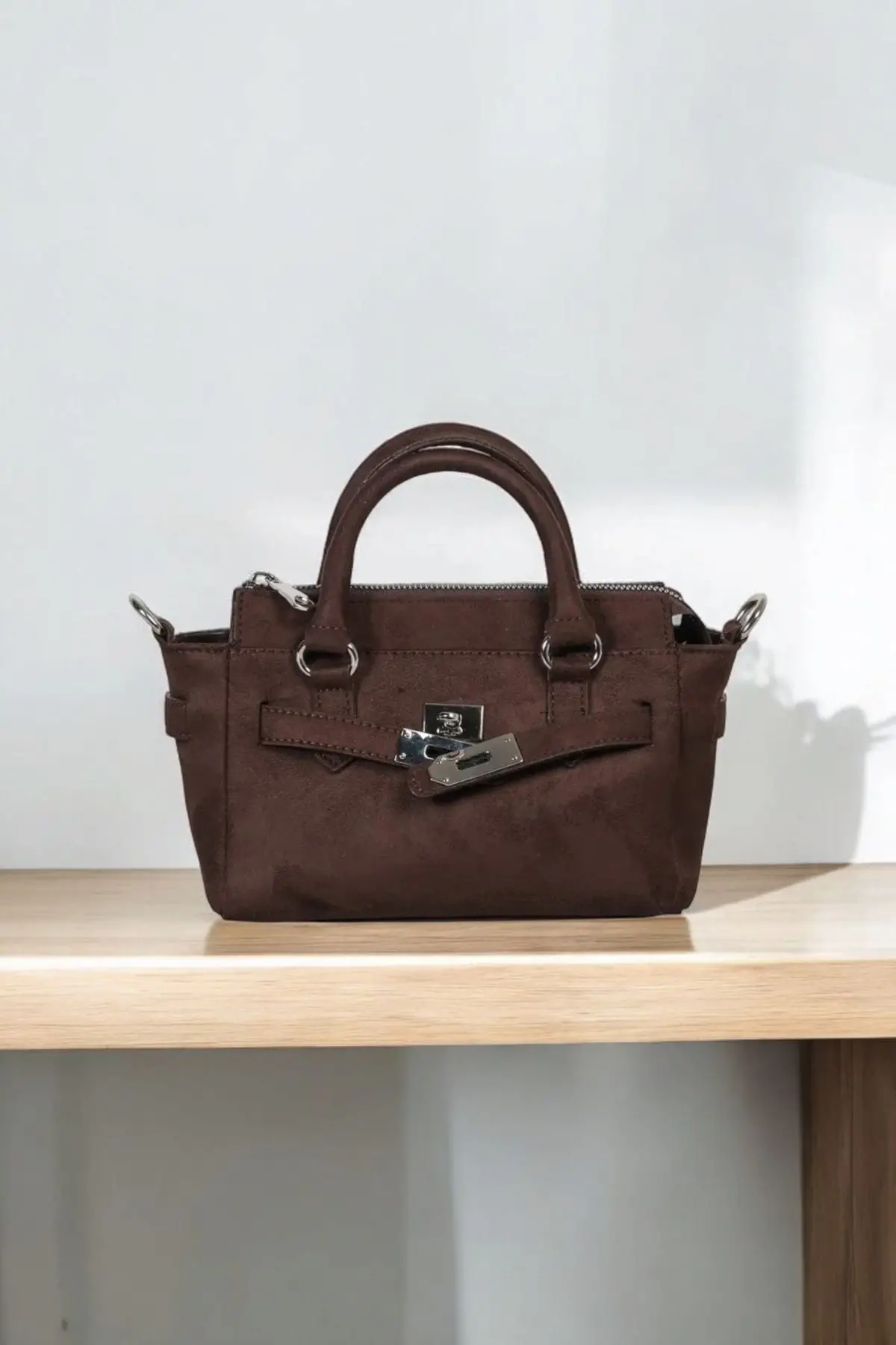 Harmony Bitter Brown Suede Mini Womens Handbag and Shoulder Bag with Front Lock Detail
