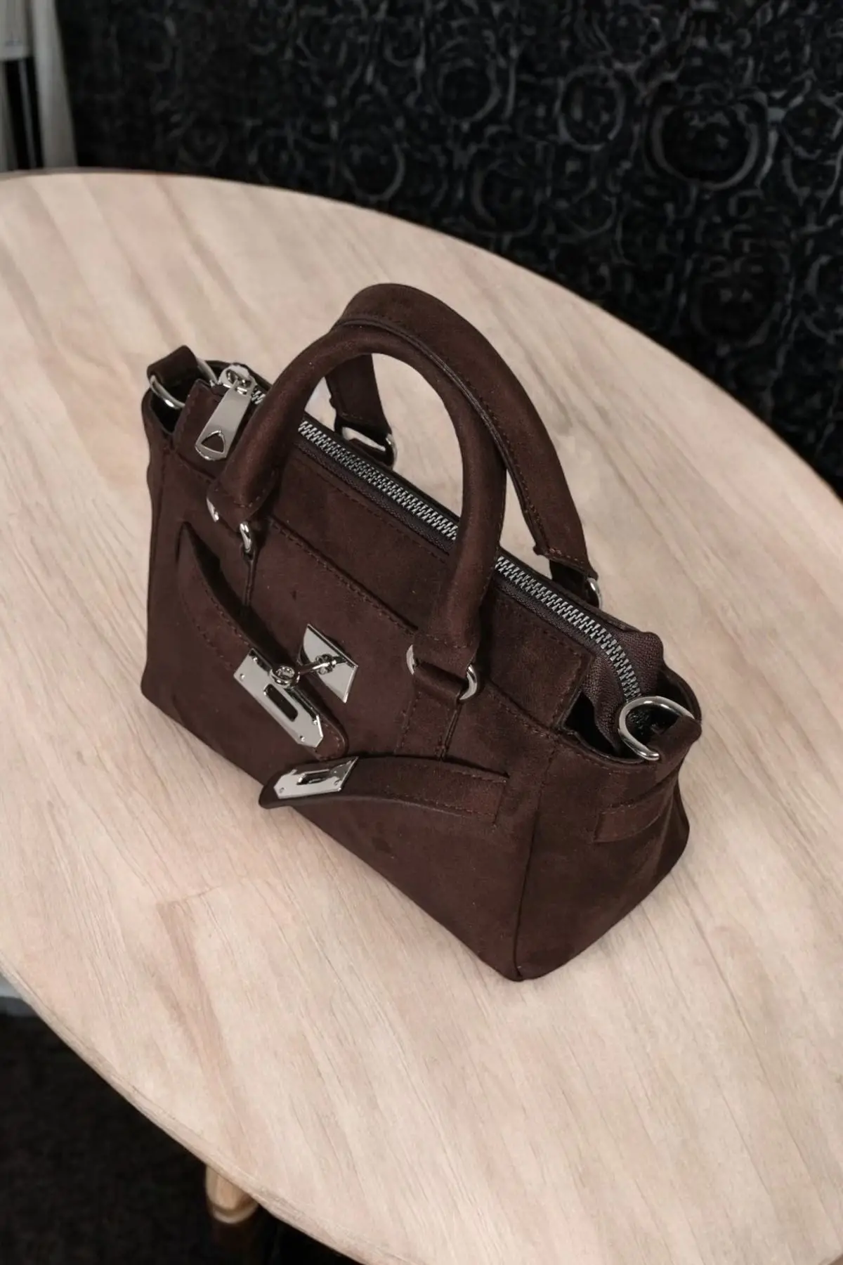 Harmony Bitter Brown Suede Mini Womens Handbag and Shoulder Bag with Front Lock Detail
