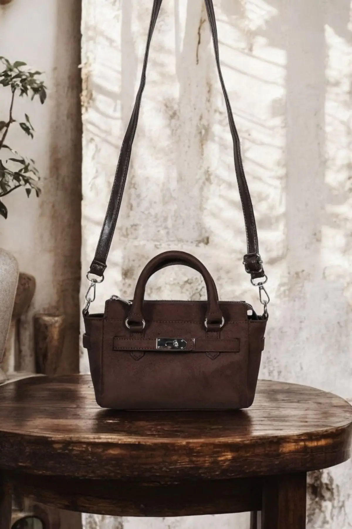 Harmony Bitter Brown Suede Mini Womens Handbag and Shoulder Bag with Front Lock Detail