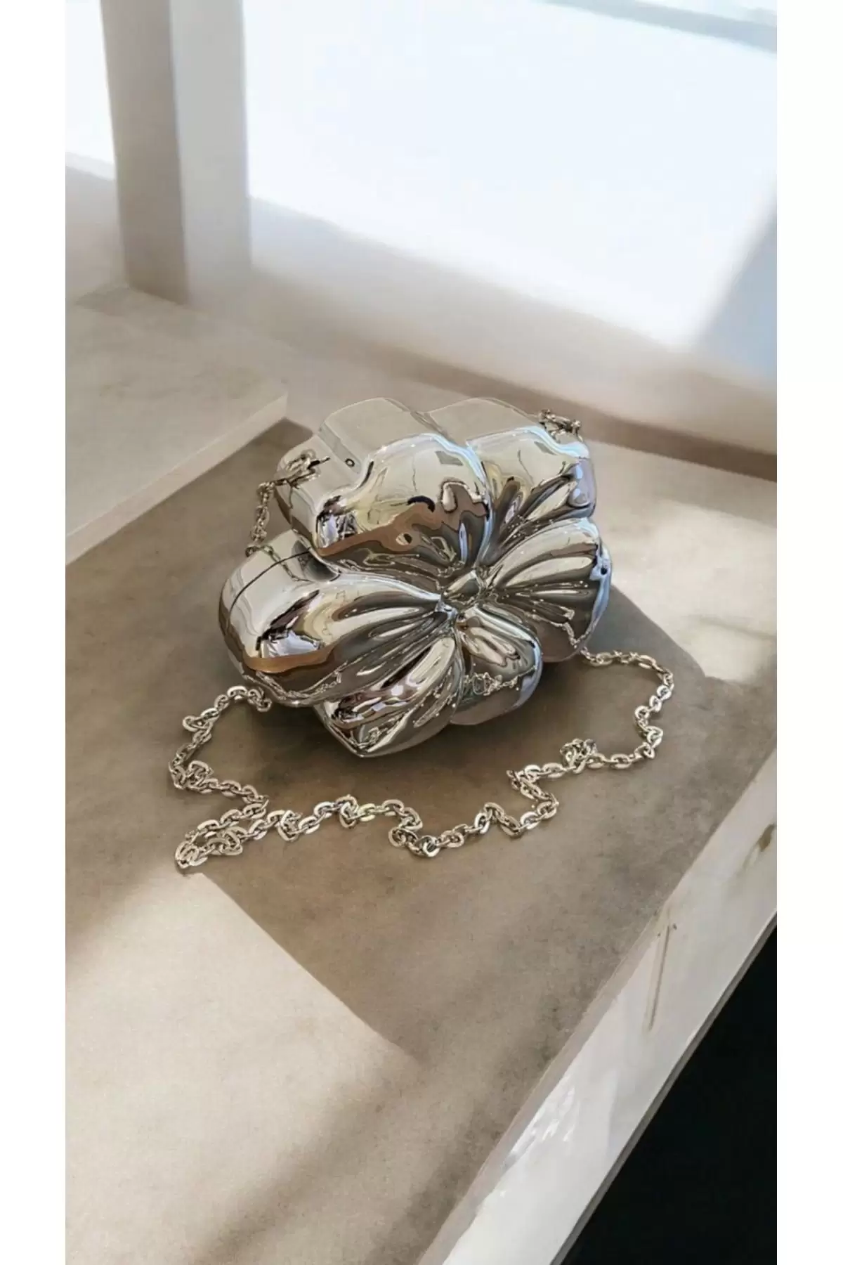 Flower Womens Hand and Shoulder Bag with Silver Chain Strap