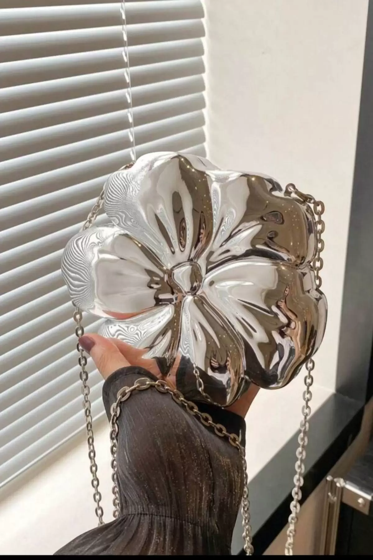 Flower Womens Hand and Shoulder Bag with Silver Chain Strap