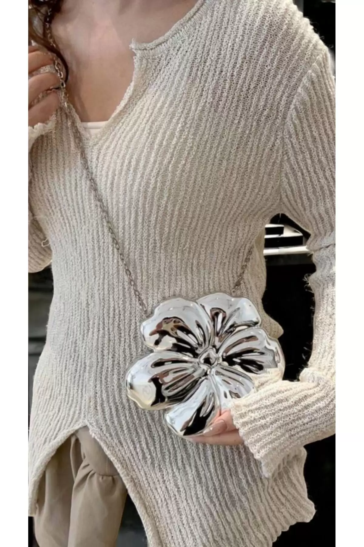Flower Womens Hand and Shoulder Bag with Silver Chain Strap