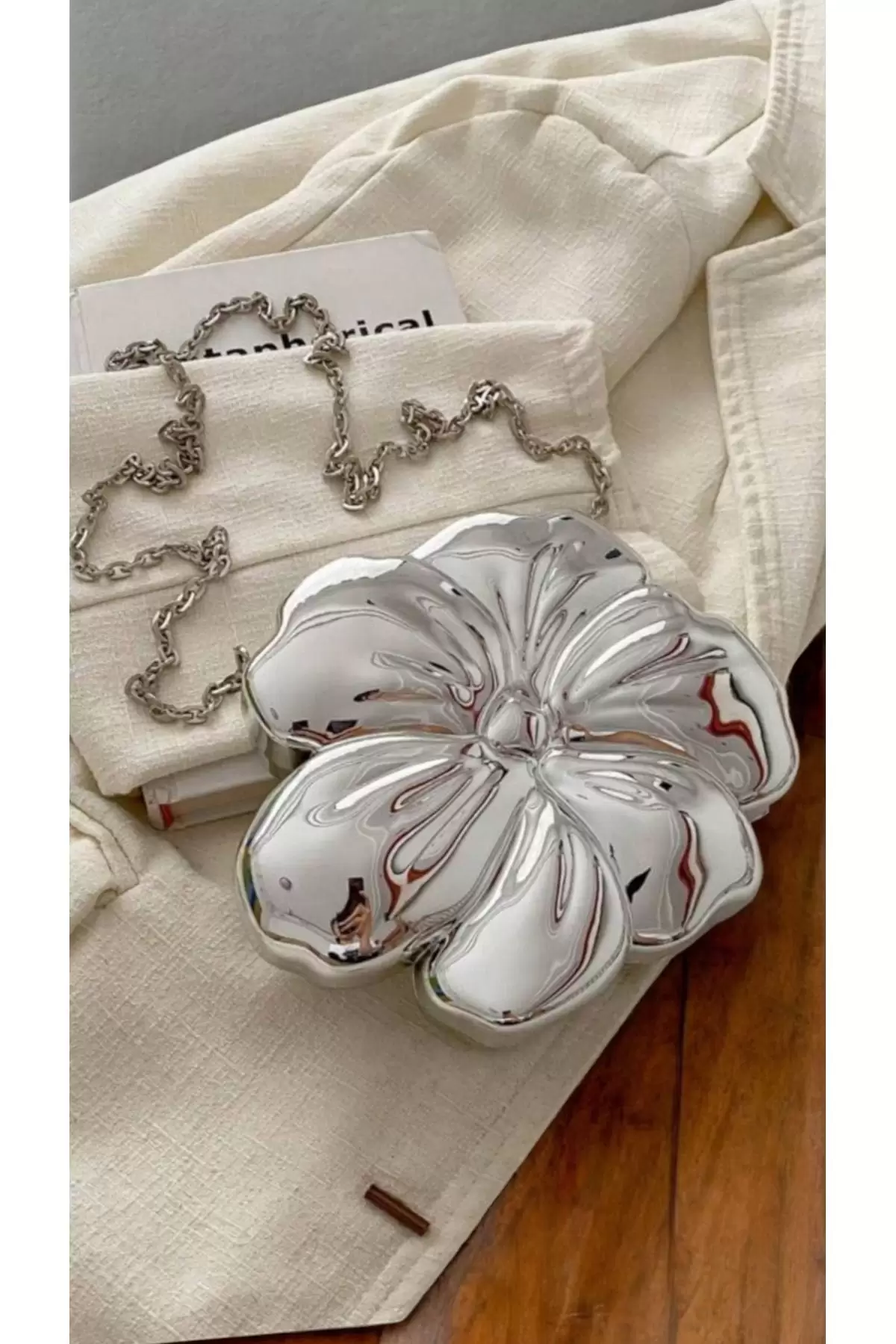 Flower Womens Hand and Shoulder Bag with Silver Chain Strap