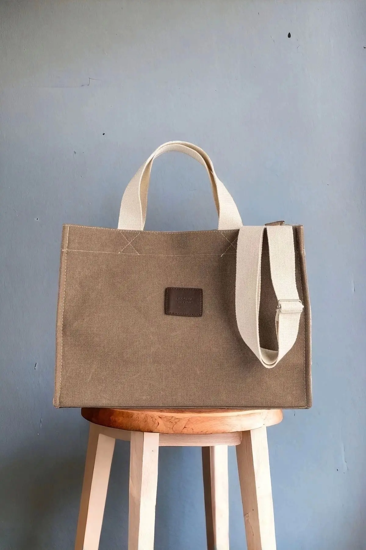 Wave Tan Canvas Shoulder Bag with Column Strap