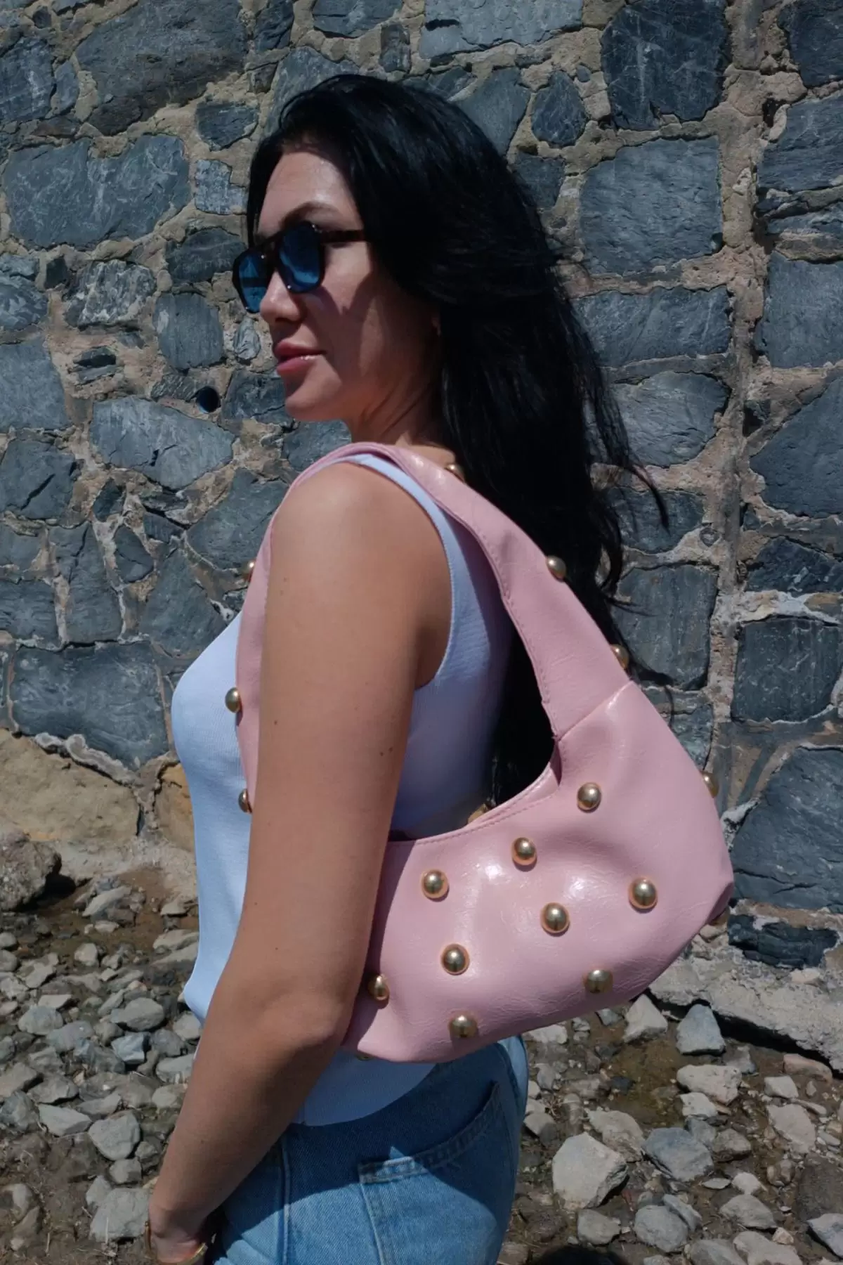 Mest Pembe Zımba Detaylı Kadın Omuz Çantası